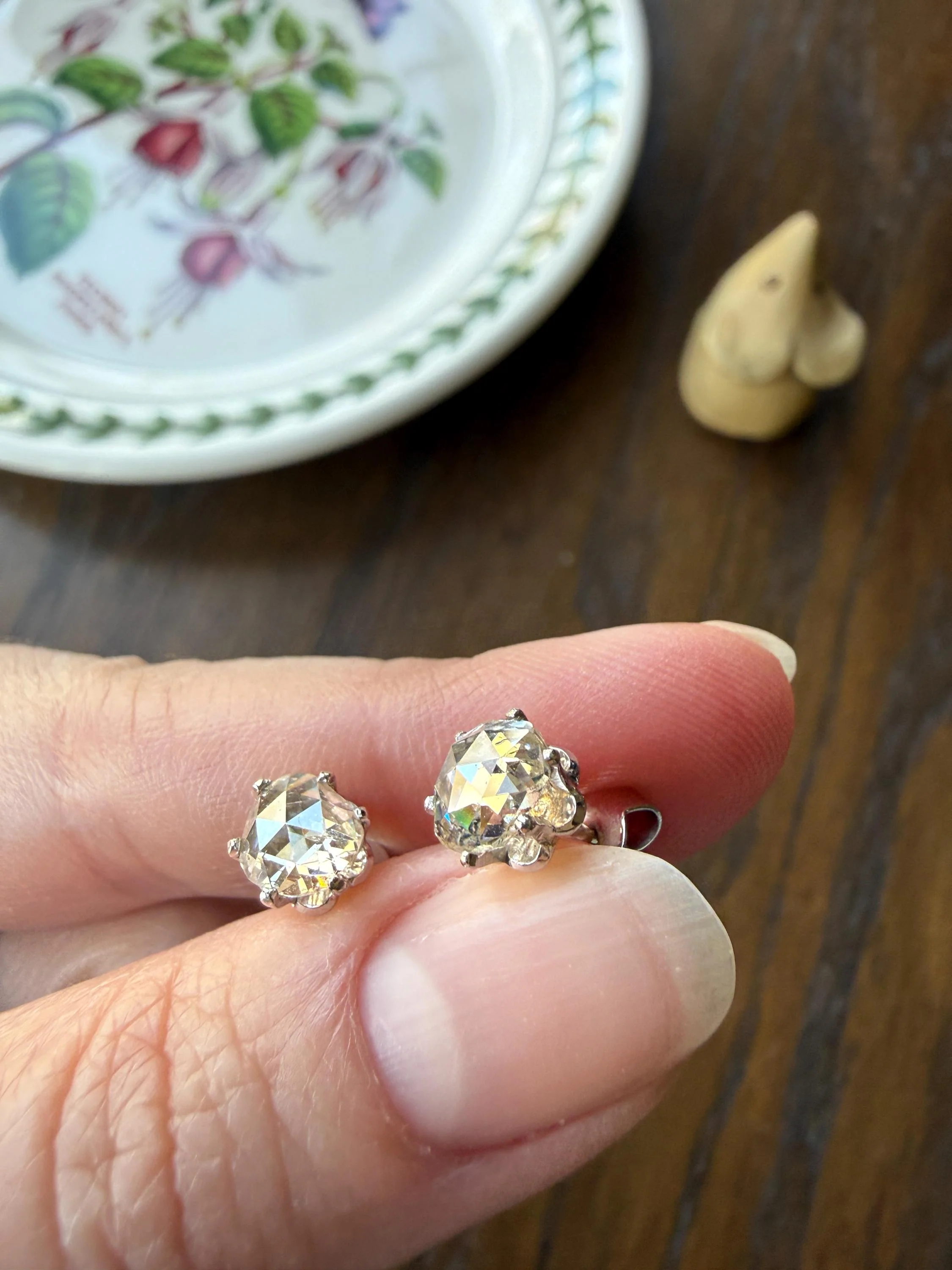 Antique Natural Rose Cut DIAMOND Stud EARRINGS 2 Carats Face Up 14k White Gold Solid Large Open Back - Image 18