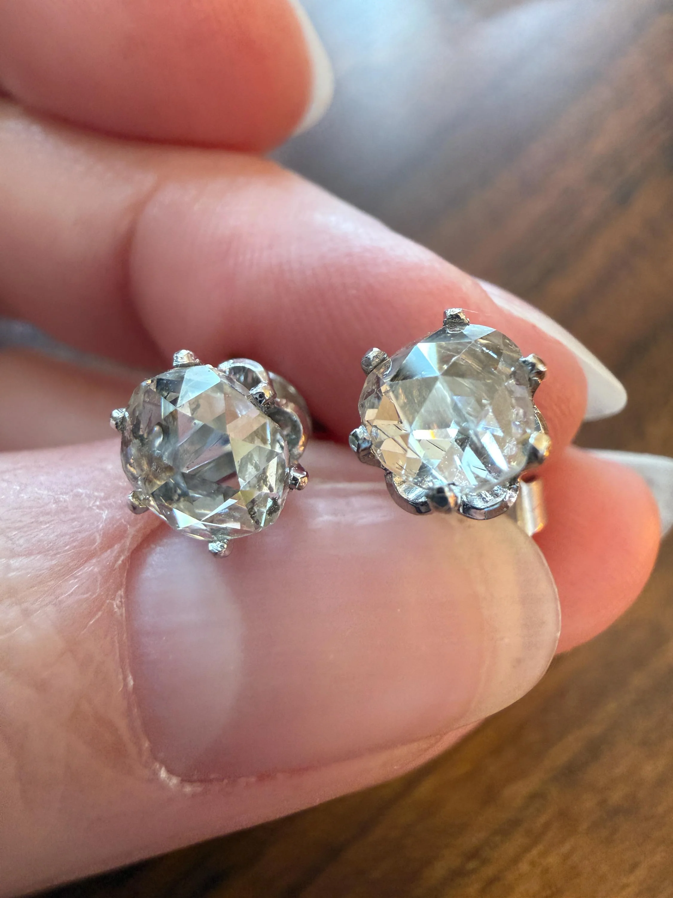 Antique Natural Rose Cut DIAMOND Stud EARRINGS 2 Carats Face Up 14k White Gold Solid Large Open Back - Image 6