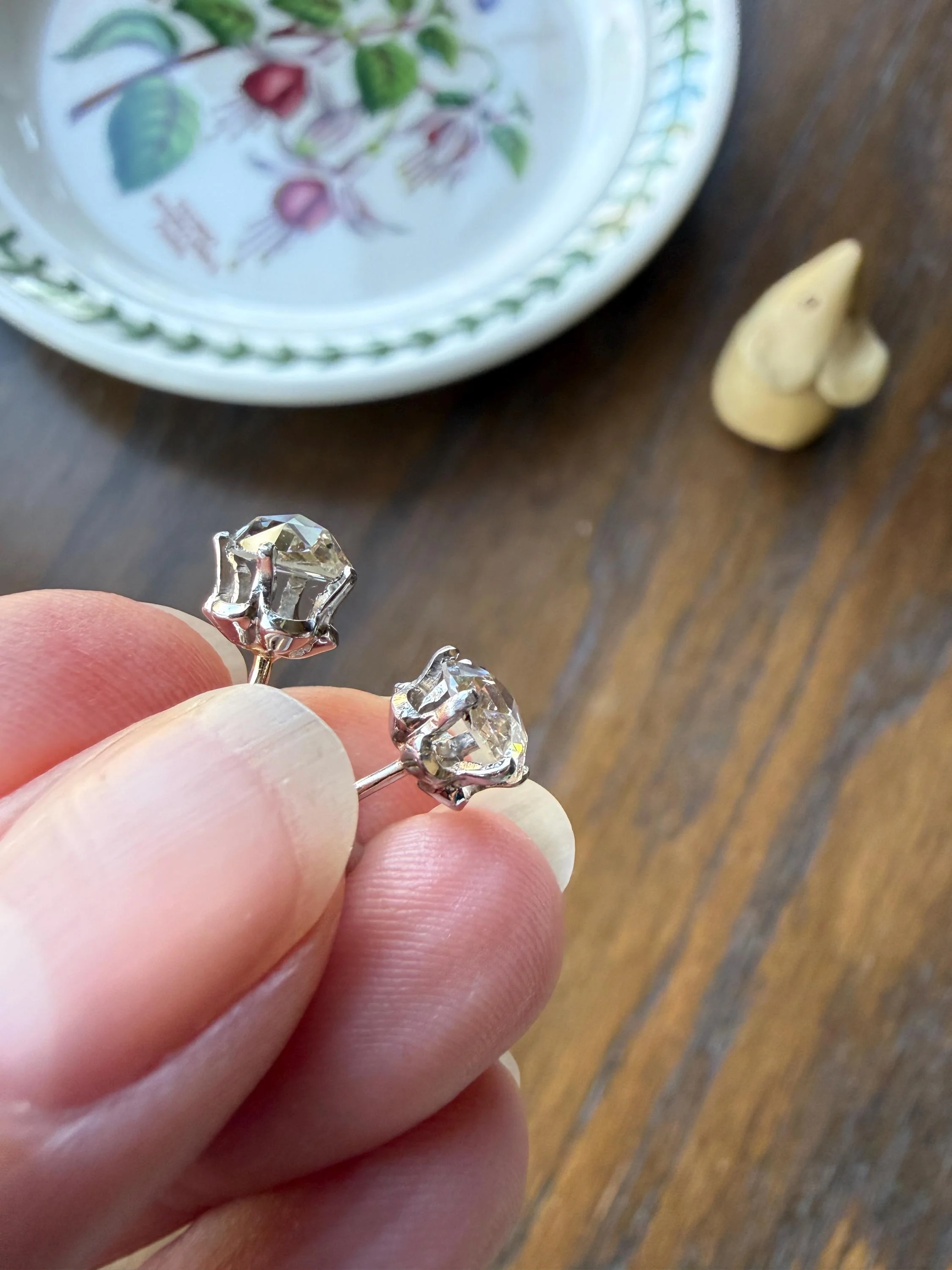 Antique Natural Rose Cut DIAMOND Stud EARRINGS 2 Carats Face Up 14k White Gold Solid Large Open Back - Image 8
