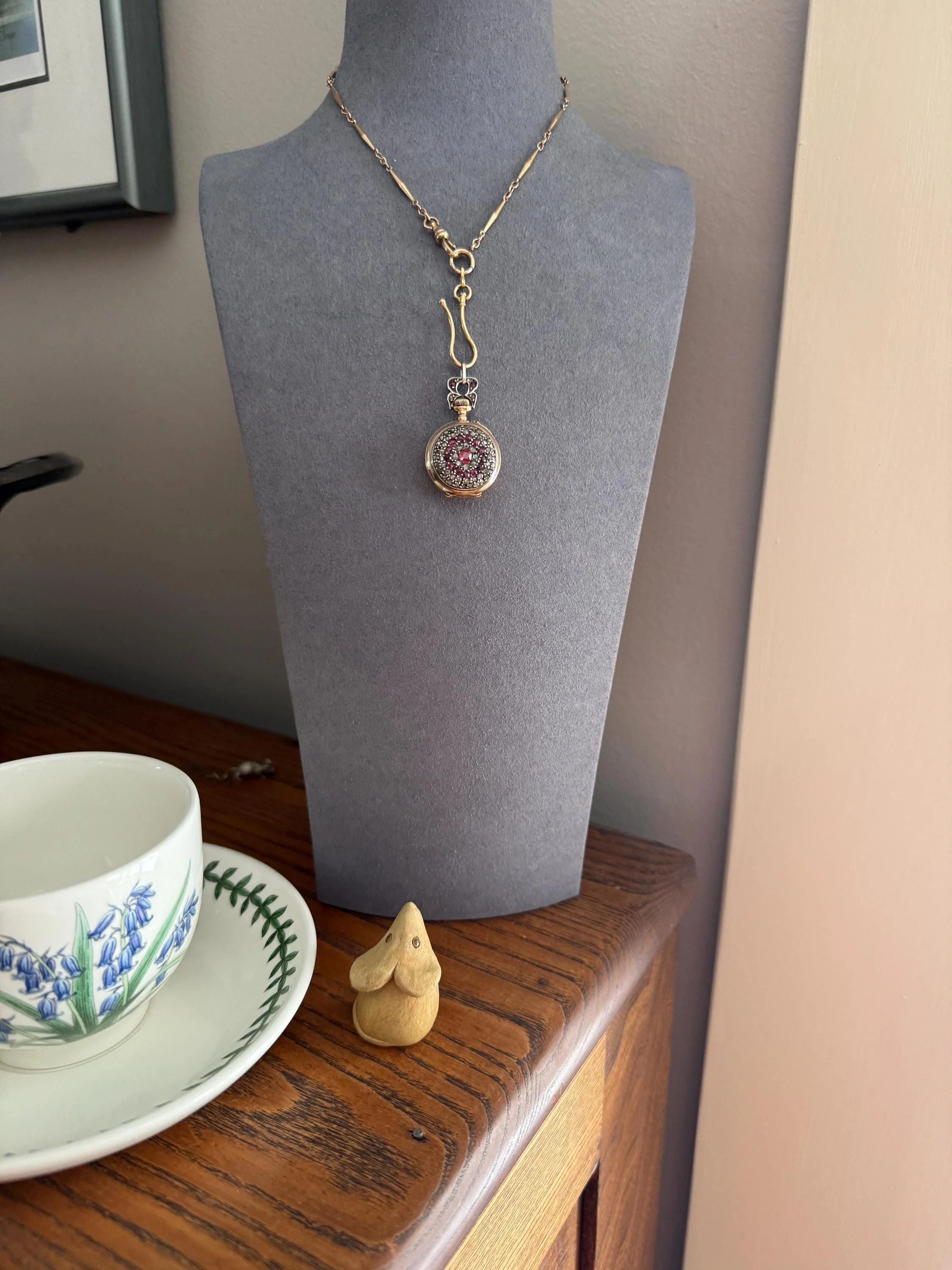 Antique Natural RUBY and Rose Cut Diamond Encrusted French VICTORIAN 18k Gold Silver Pocket Watch Case Pendant Locket Bullseye Target - Image 14