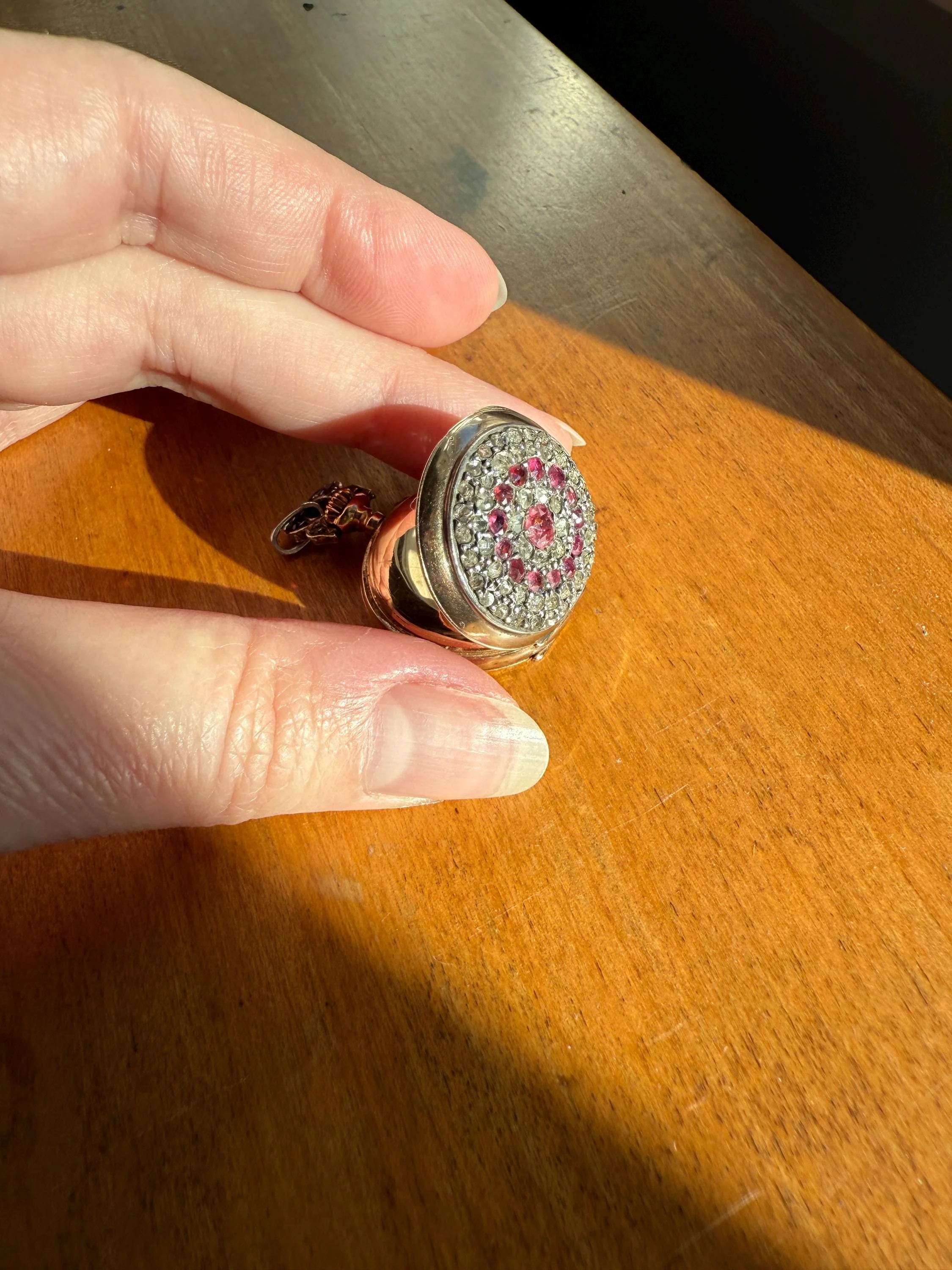 Antique Natural RUBY and Rose Cut Diamond Encrusted French VICTORIAN 18k Gold Silver Pocket Watch Case Pendant Locket Bullseye Target - Image 16