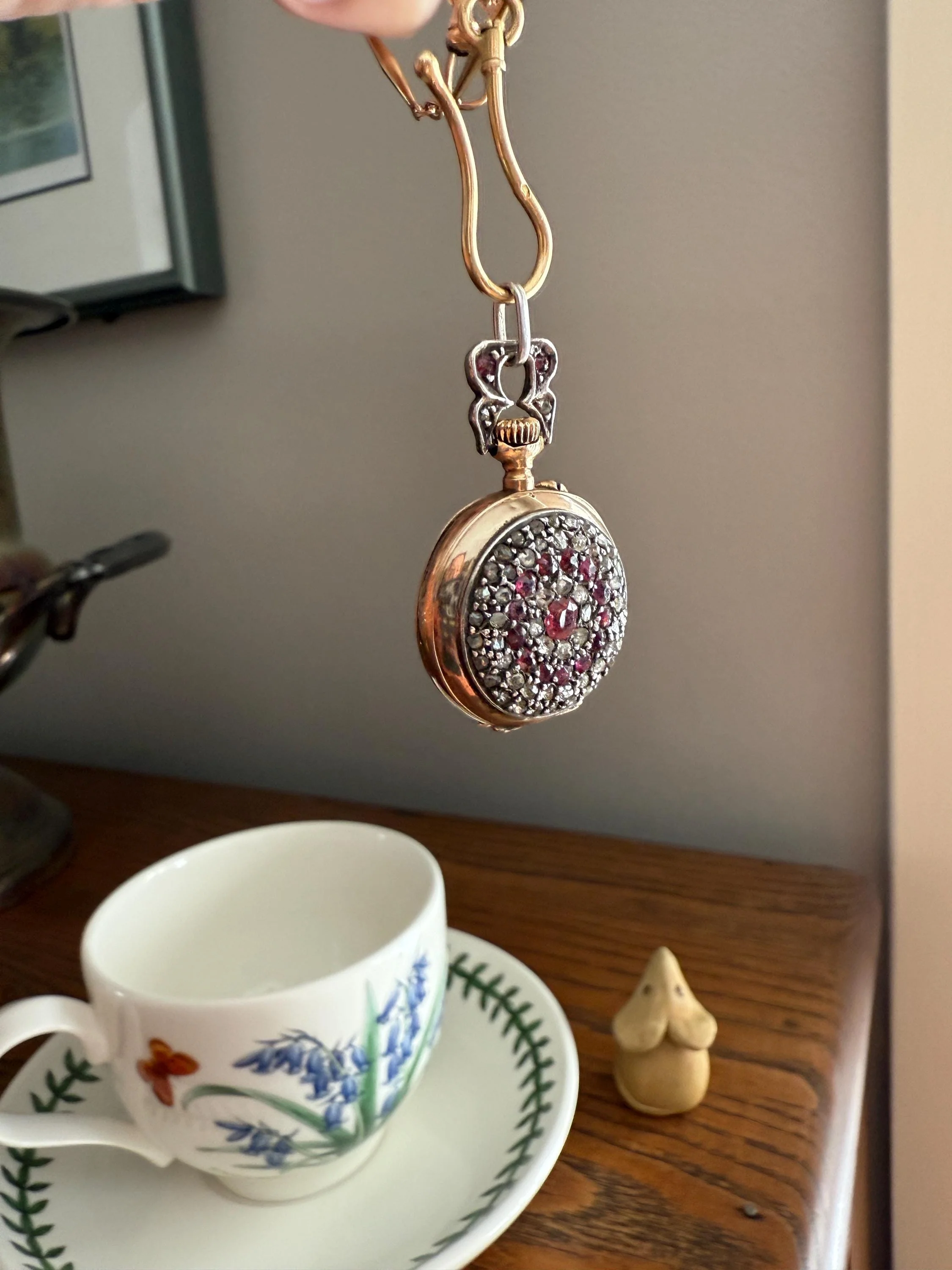 Antique Natural RUBY and Rose Cut Diamond Encrusted French VICTORIAN 18k Gold Silver Pocket Watch Case Pendant Locket Bullseye Target - Image 2