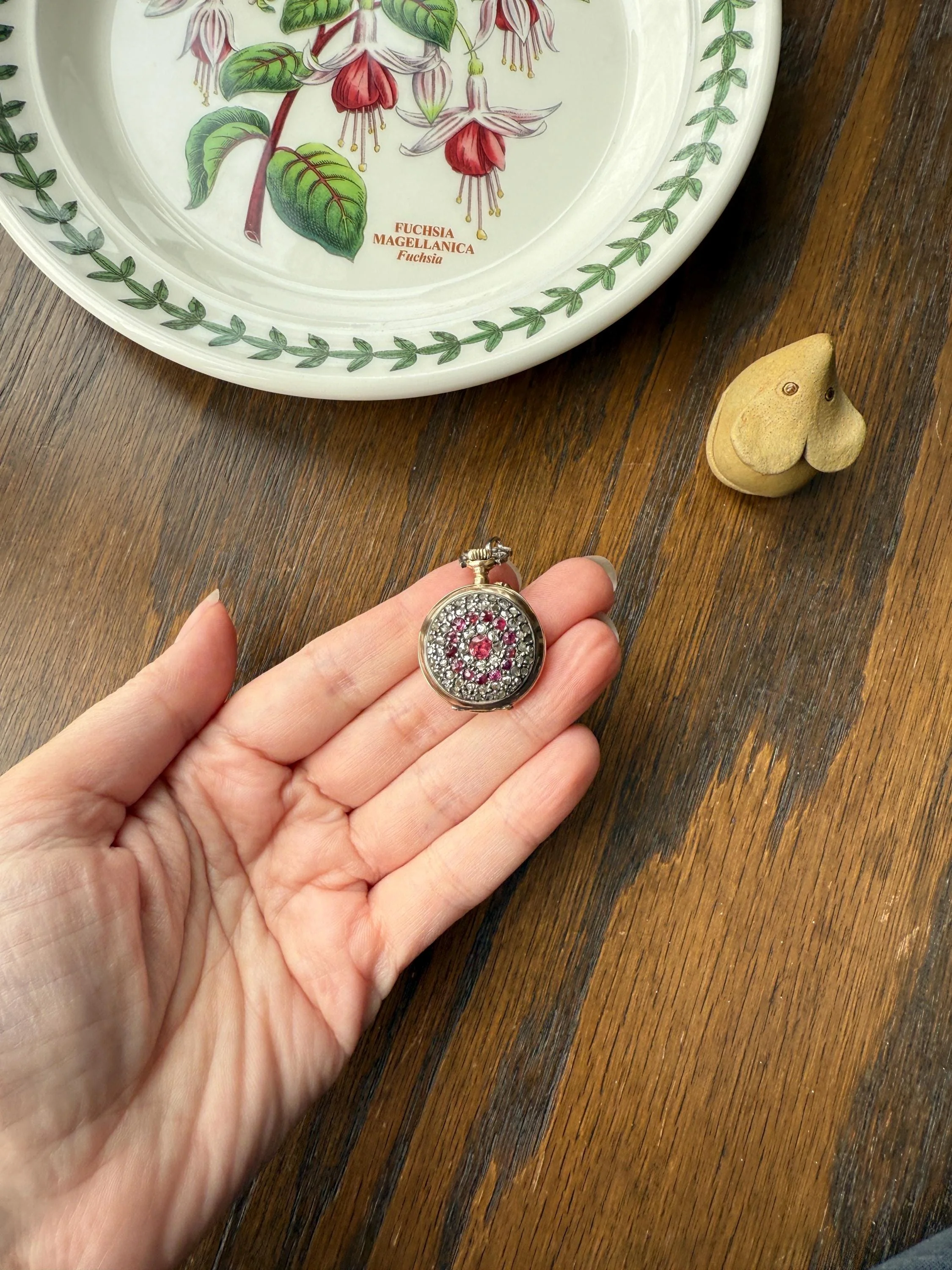 Antique Natural RUBY and Rose Cut Diamond Encrusted French VICTORIAN 18k Gold Silver Pocket Watch Case Pendant Locket Bullseye Target - Image 3