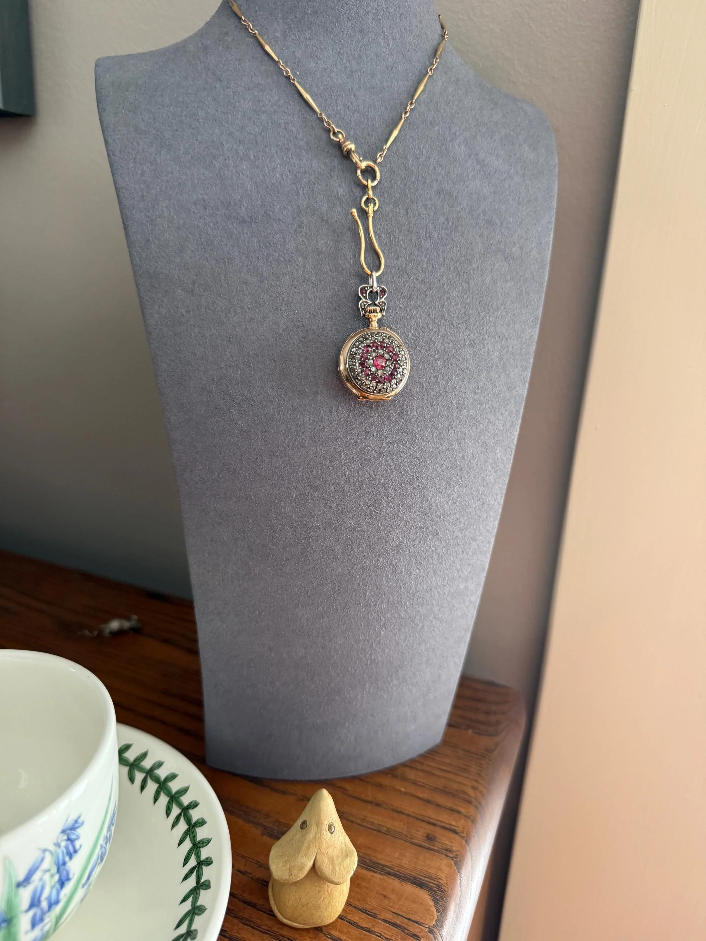 Antique Natural RUBY and Rose Cut Diamond Encrusted French VICTORIAN 18k Gold Silver Pocket Watch Case Pendant Locket Bullseye Target - Image 4