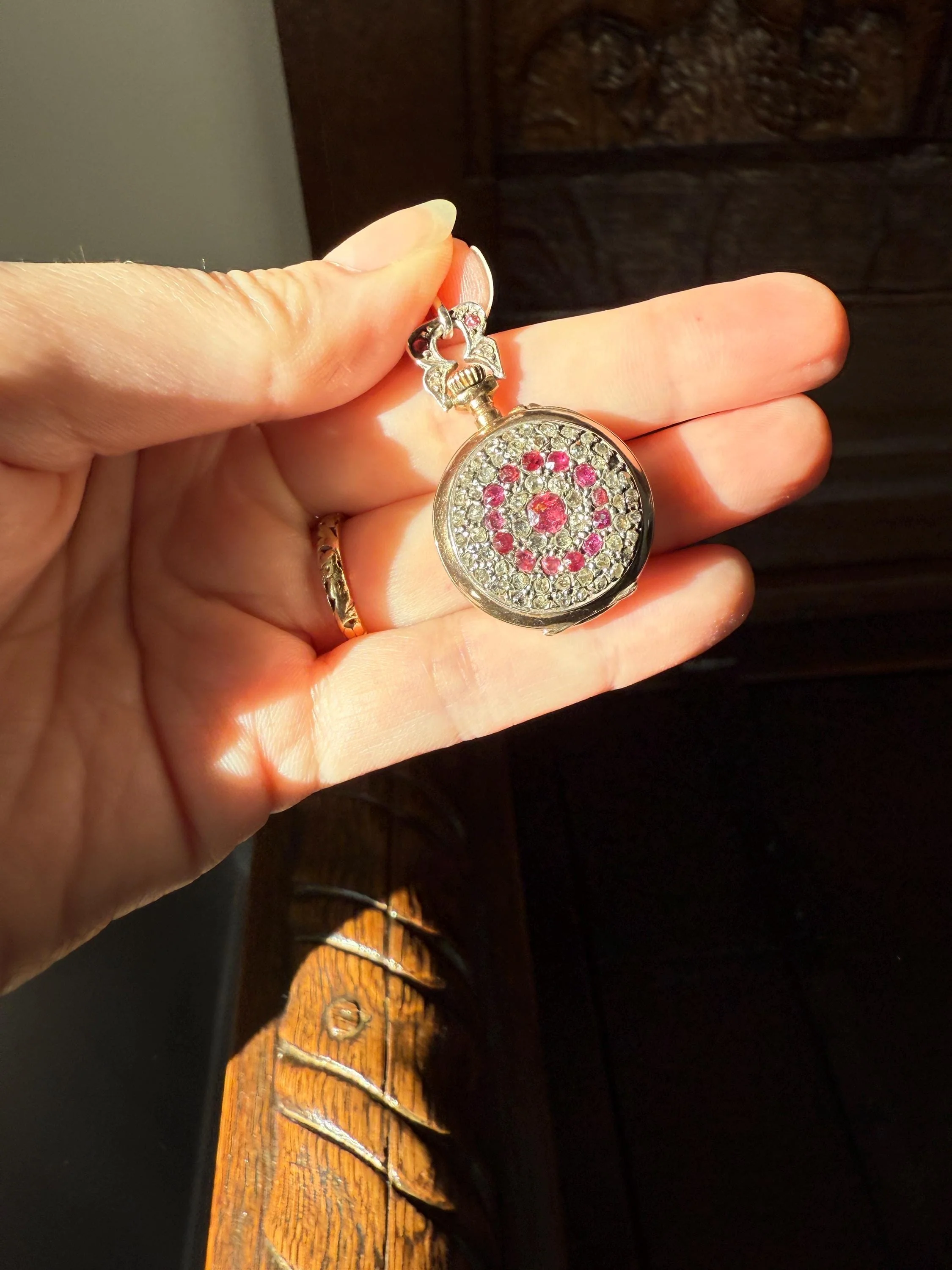 Antique Natural RUBY and Rose Cut Diamond Encrusted French VICTORIAN 18k Gold Silver Pocket Watch Case Pendant Locket Bullseye Target - Image 5