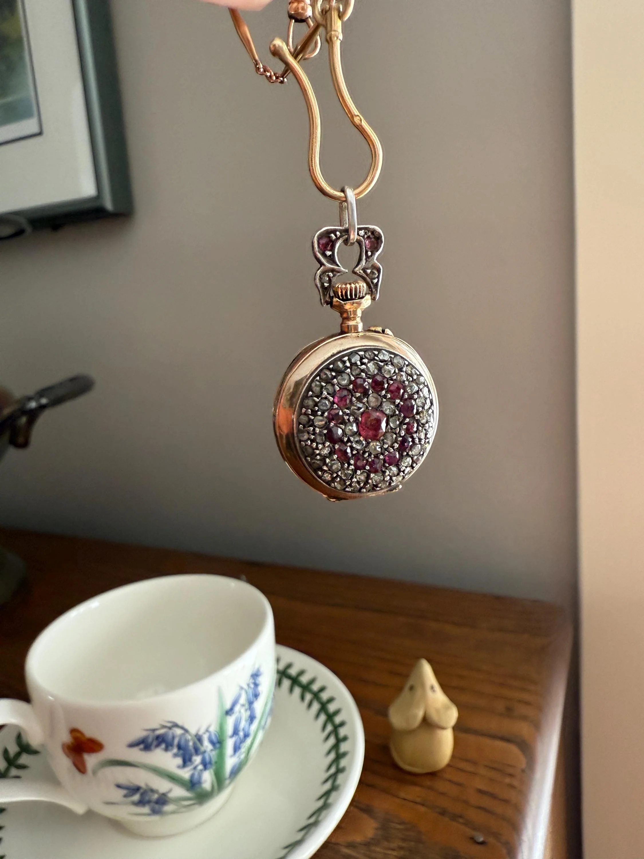 Antique Natural RUBY and Rose Cut Diamond Encrusted French VICTORIAN 18k Gold Silver Pocket Watch Case Pendant Locket Bullseye Target - Image 6