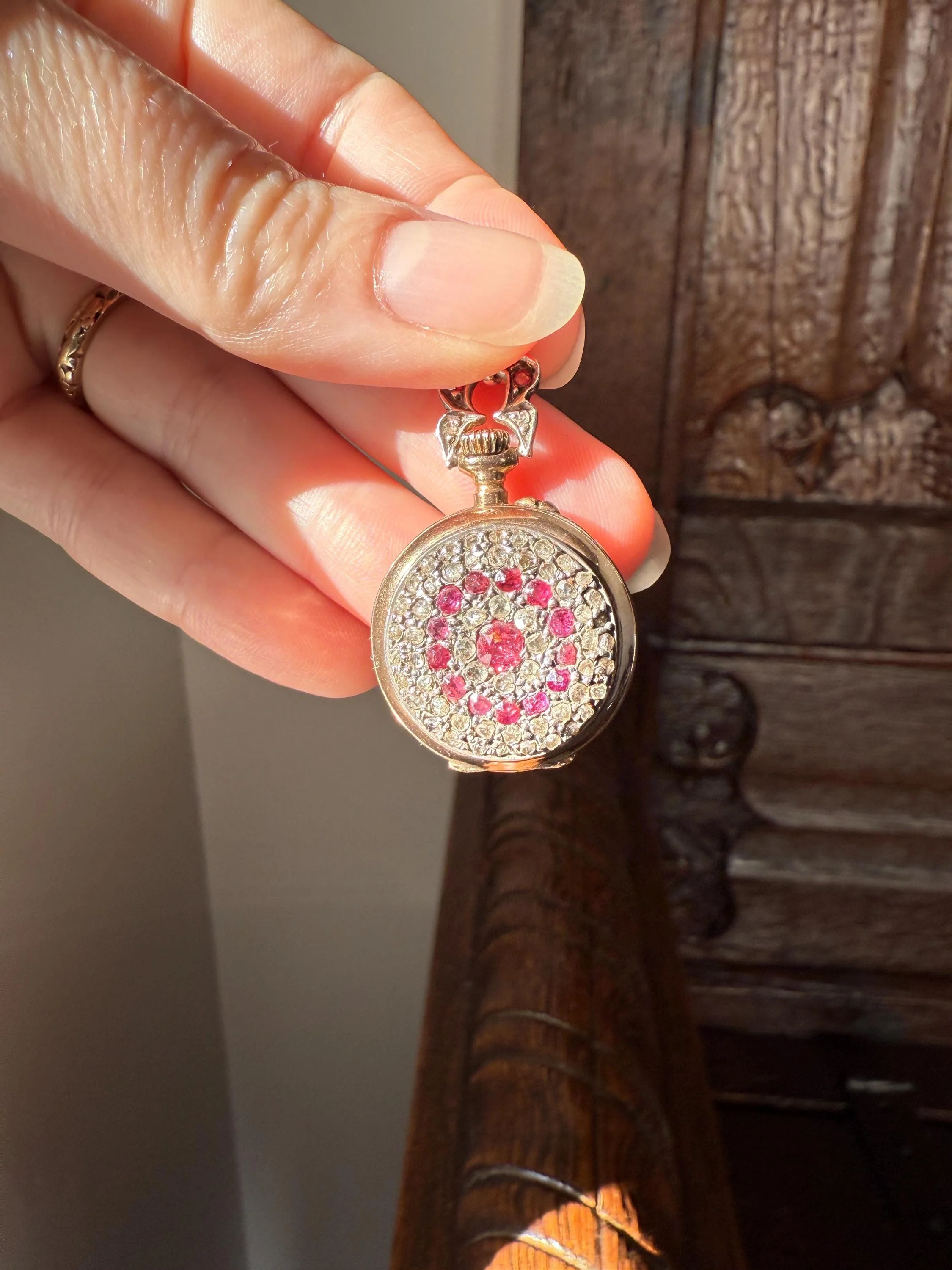 Antique Natural RUBY and Rose Cut Diamond Encrusted French VICTORIAN 18k Gold Silver Pocket Watch Case Pendant Locket Bullseye Target - Image 8
