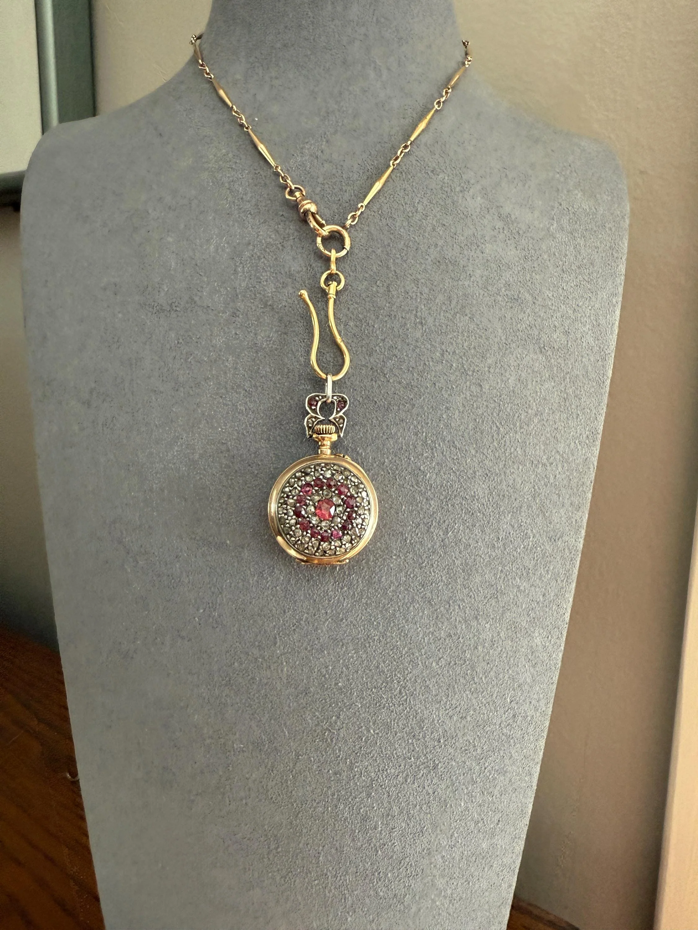 Antique Natural RUBY and Rose Cut Diamond Encrusted French VICTORIAN 18k Gold Silver Pocket Watch Case Pendant Locket Bullseye Target - Image 9