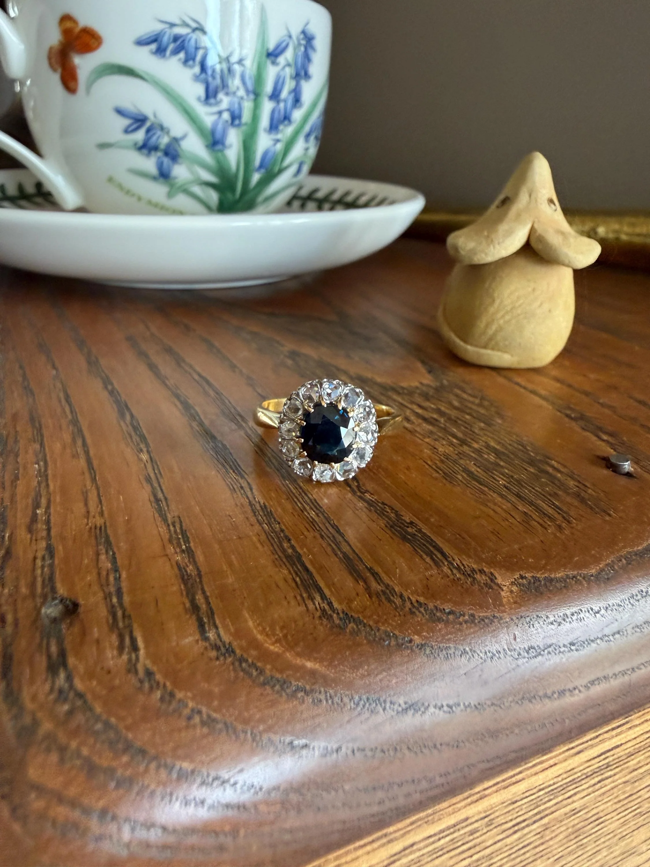 Antique Natural Sapphire Peacock Greenish Blue Halo Ring with Rose Cut Diamonds French Early 1900s Victorian Edwardian - Image 12