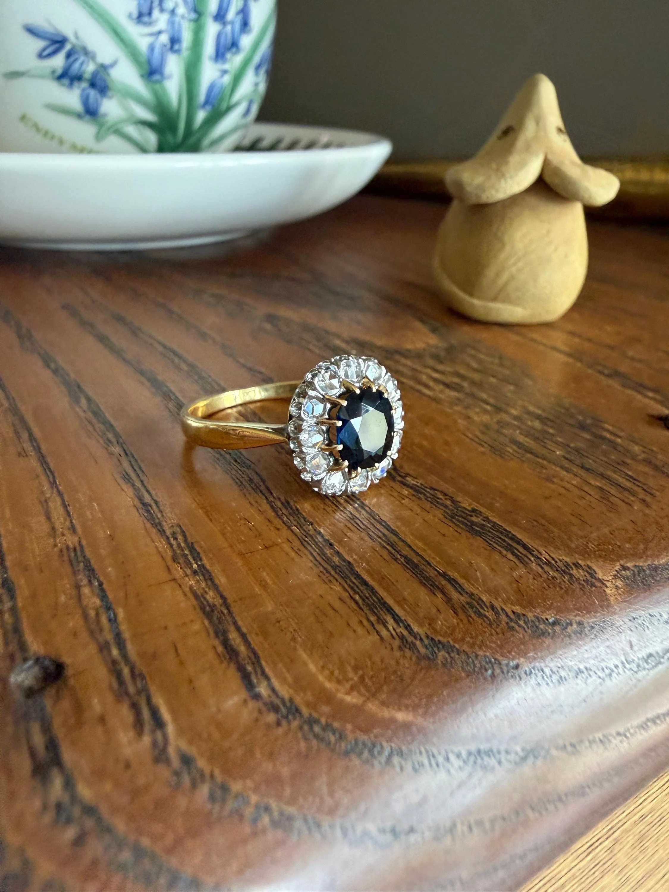 Antique Natural Sapphire Peacock Greenish Blue Halo Ring with Rose Cut Diamonds French Early 1900s Victorian Edwardian - Image 13
