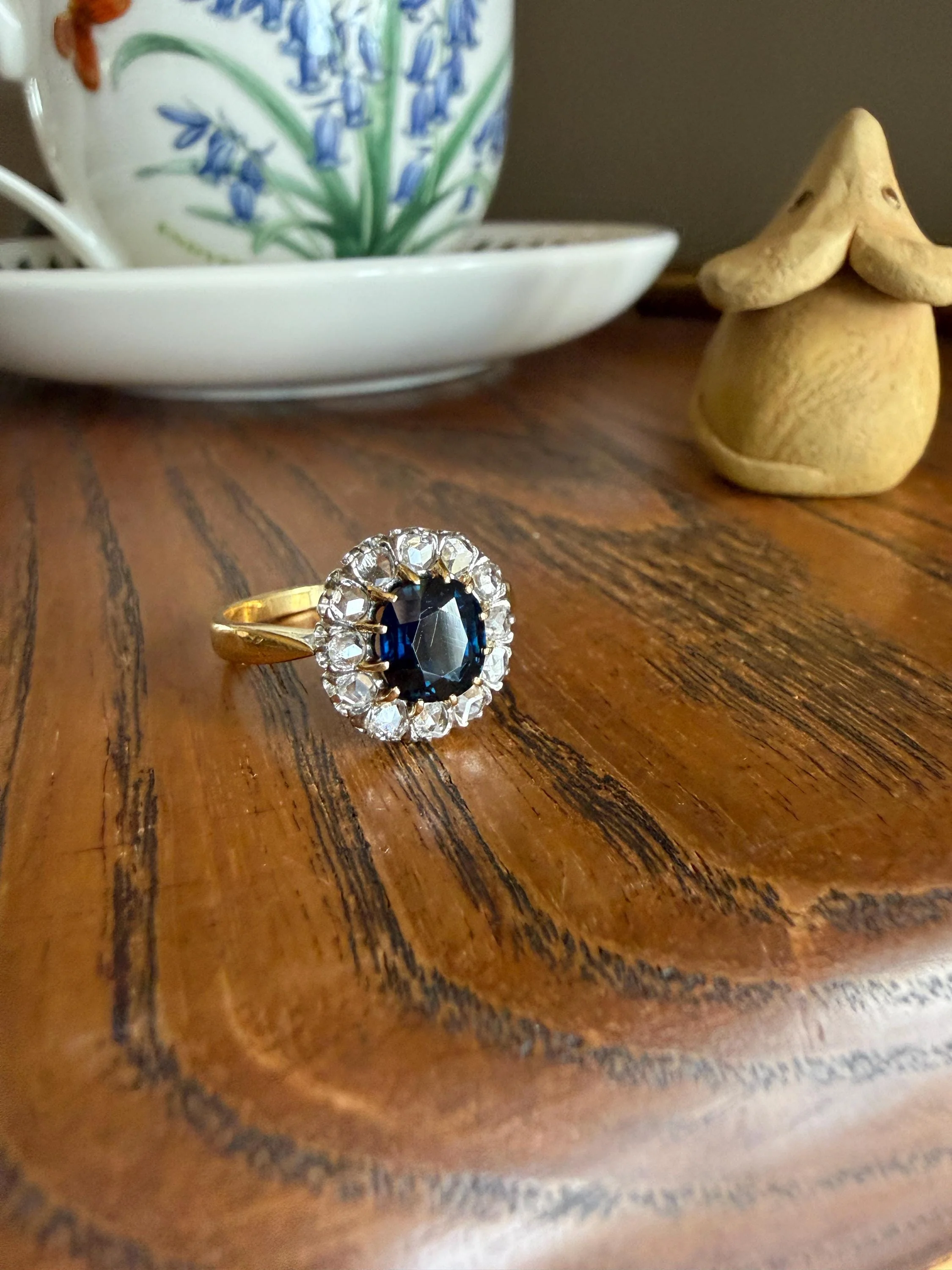Antique Natural Sapphire Peacock Greenish Blue Halo Ring with Rose Cut Diamonds French Early 1900s Victorian Edwardian - Image 14