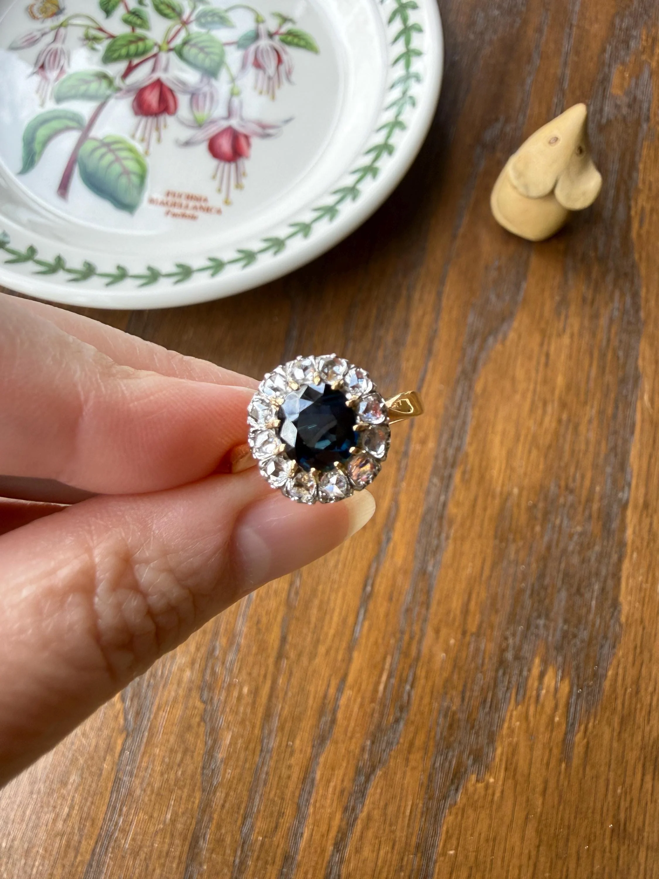 Antique Natural Sapphire Peacock Greenish Blue Halo Ring with Rose Cut Diamonds French Early 1900s Victorian Edwardian - Image 16