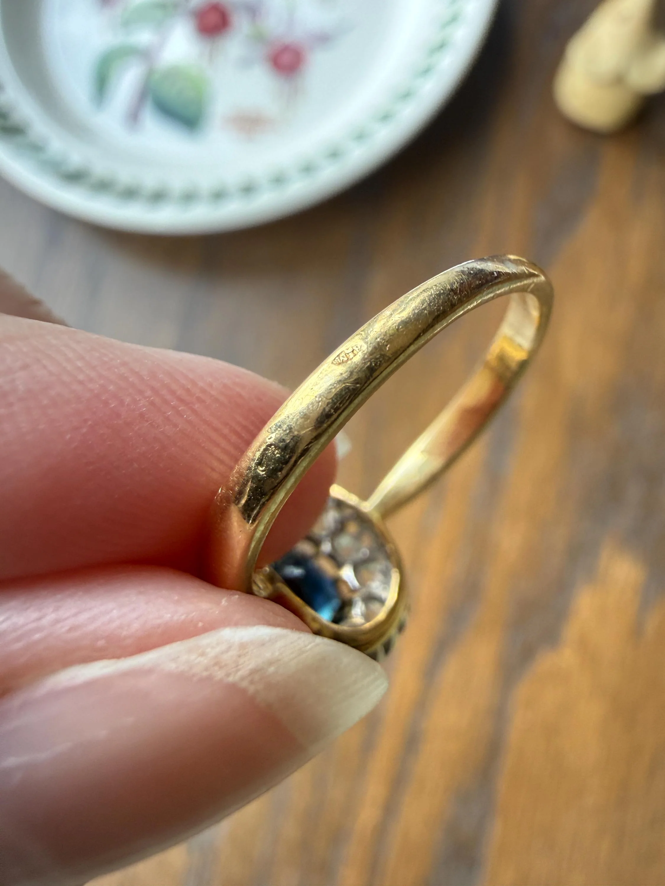 Antique Natural Sapphire Peacock Greenish Blue Halo Ring with Rose Cut Diamonds French Early 1900s Victorian Edwardian - Image 19