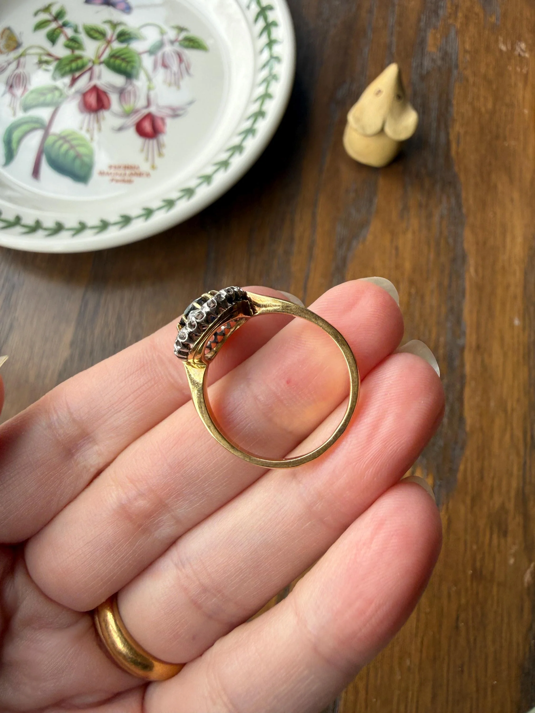 Antique Natural Sapphire Peacock Greenish Blue Halo Ring with Rose Cut Diamonds French Early 1900s Victorian Edwardian - Image 20