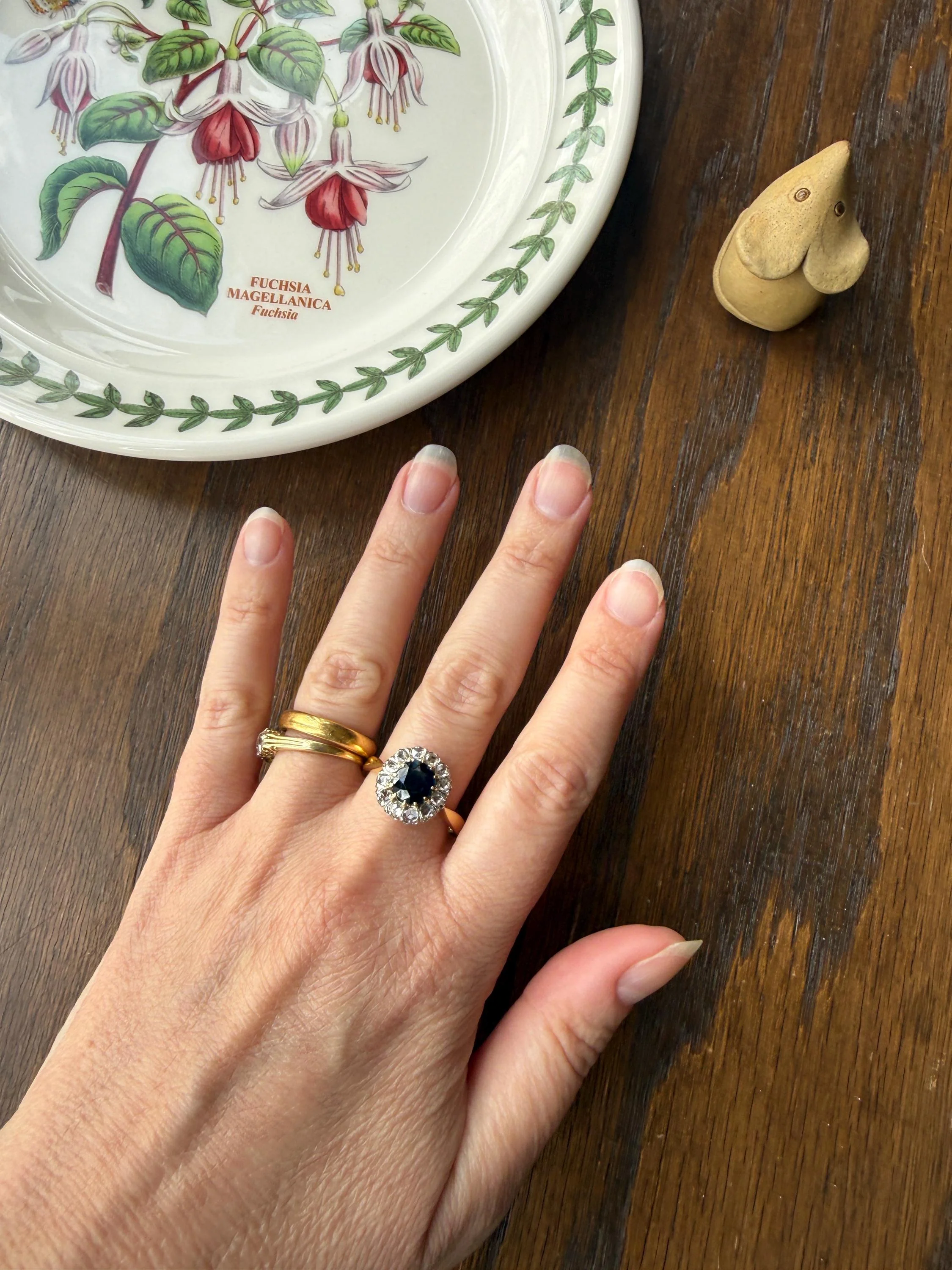 Antique Natural Sapphire Peacock Greenish Blue Halo Ring with Rose Cut Diamonds French Early 1900s Victorian Edwardian - Image 5