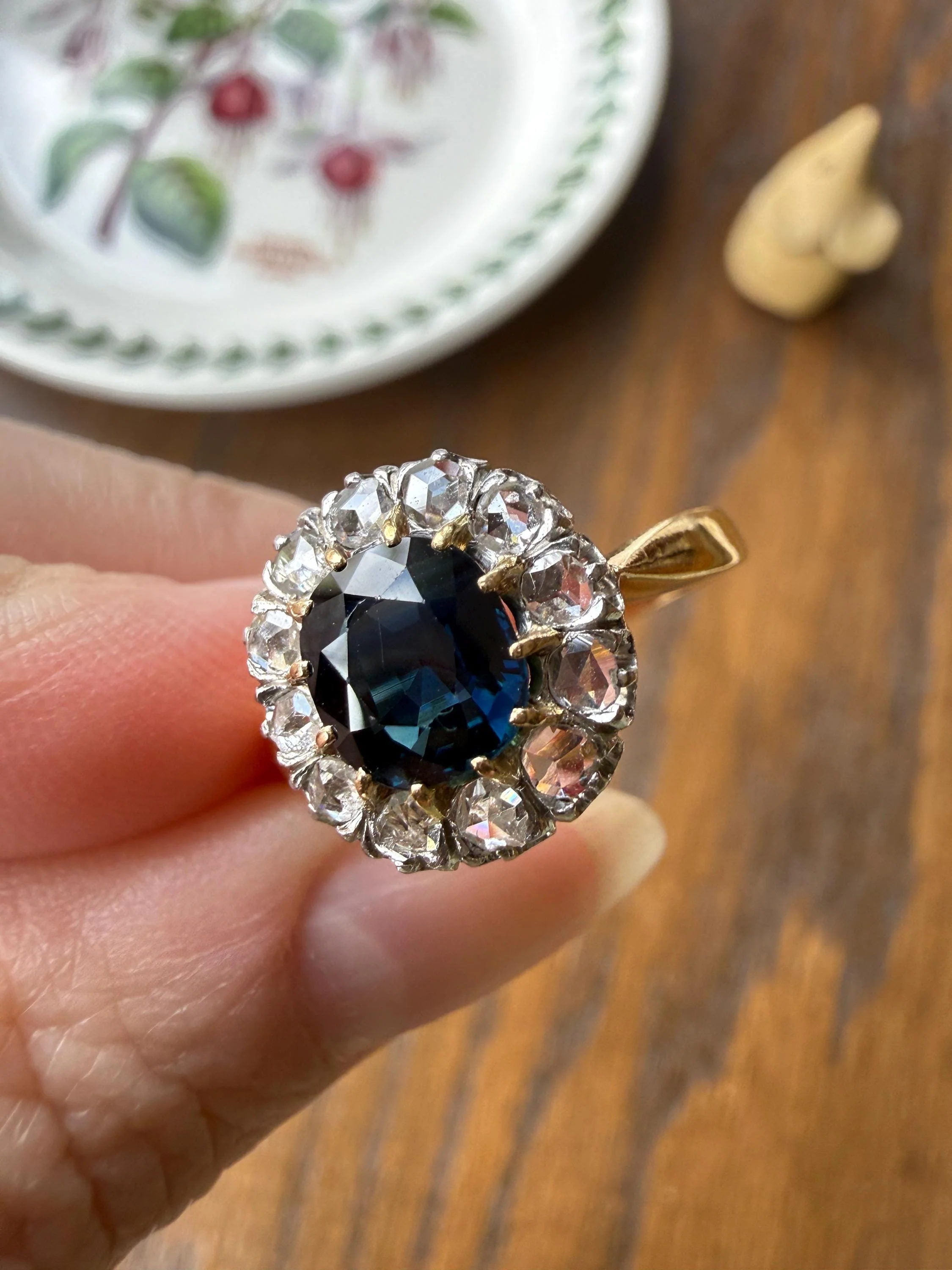 Antique Natural Sapphire Peacock Greenish Blue Halo Ring with Rose Cut Diamonds French Early 1900s Victorian Edwardian - Image 6