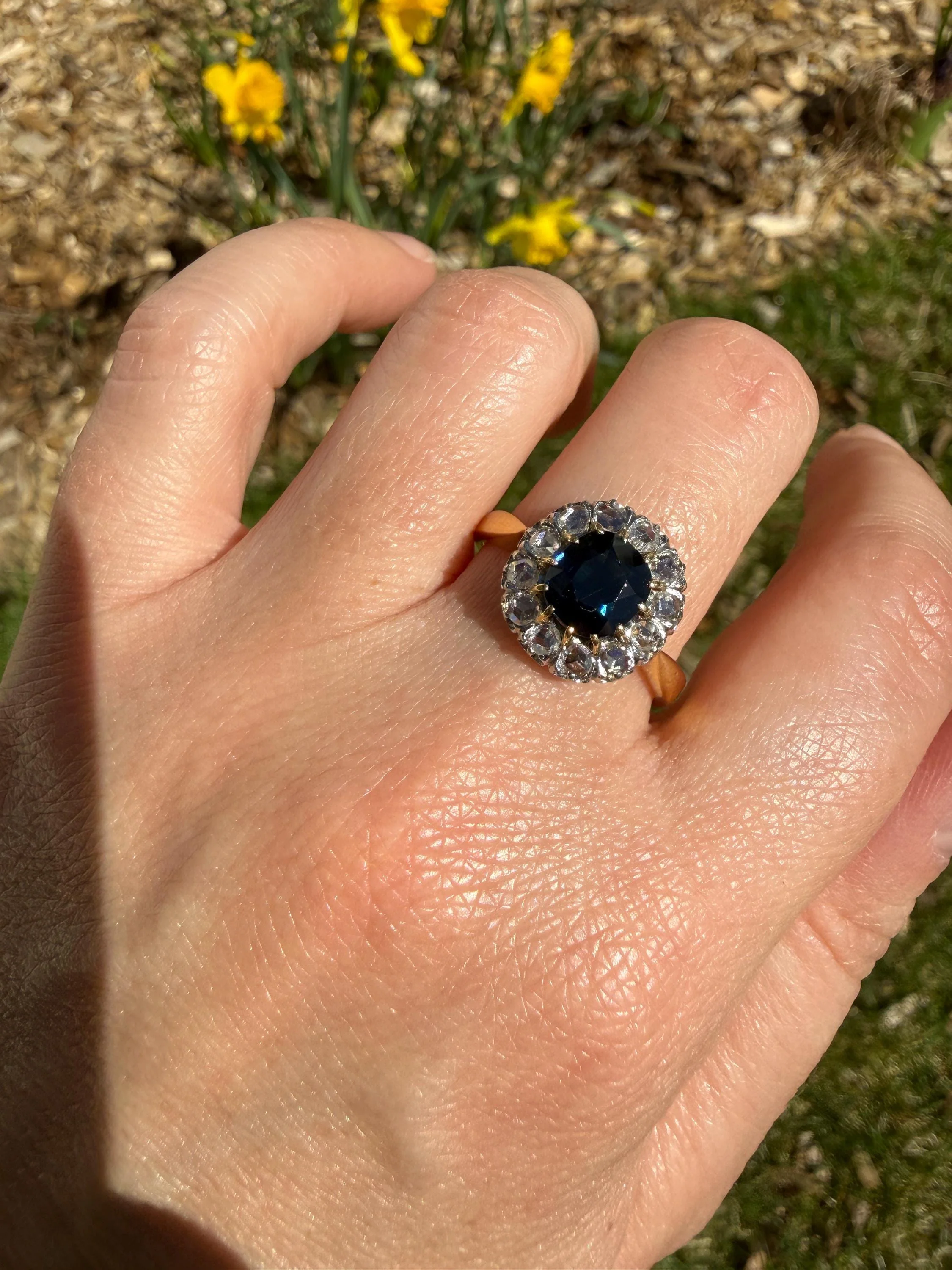 Antique Natural Sapphire Peacock Greenish Blue Halo Ring with Rose Cut Diamonds French Early 1900s Victorian Edwardian - Image 7