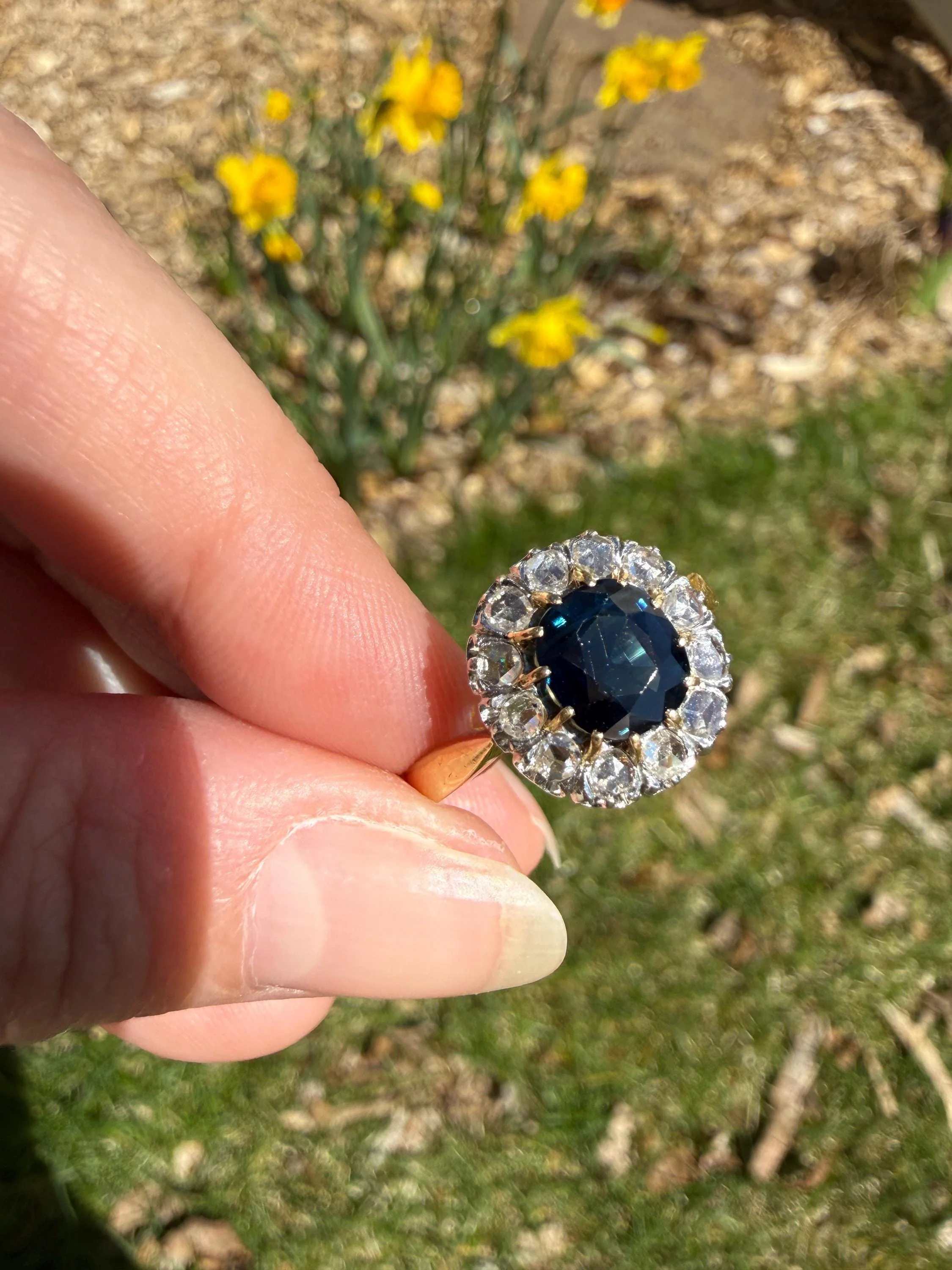 Antique Natural Sapphire Peacock Greenish Blue Halo Ring with Rose Cut Diamonds French Early 1900s Victorian Edwardian - Image 8