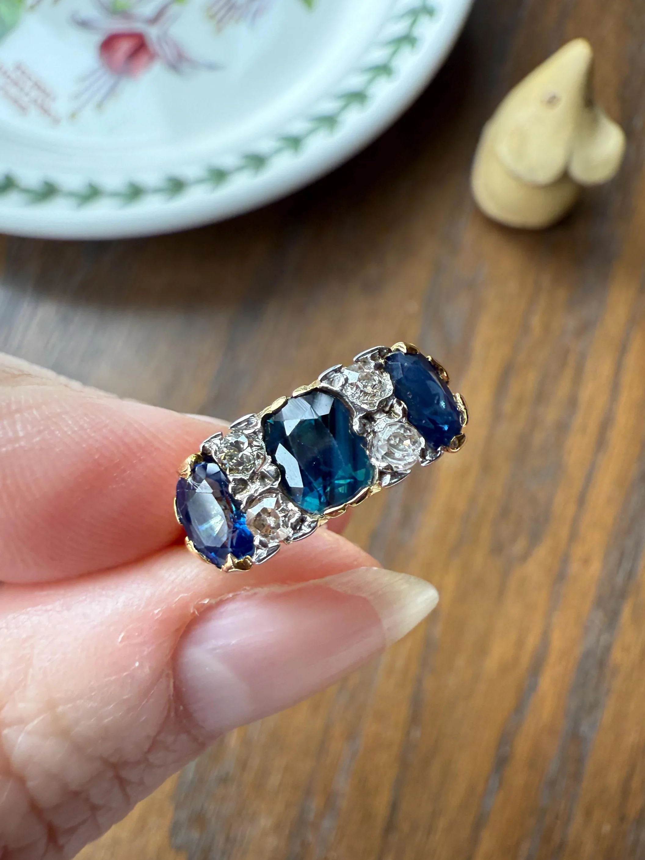 Antique Natural Sapphire Velvety Blue Three Stone Ring with Old Mine Cut Diamond Spacers Green Peacock Victorian Stacker Band