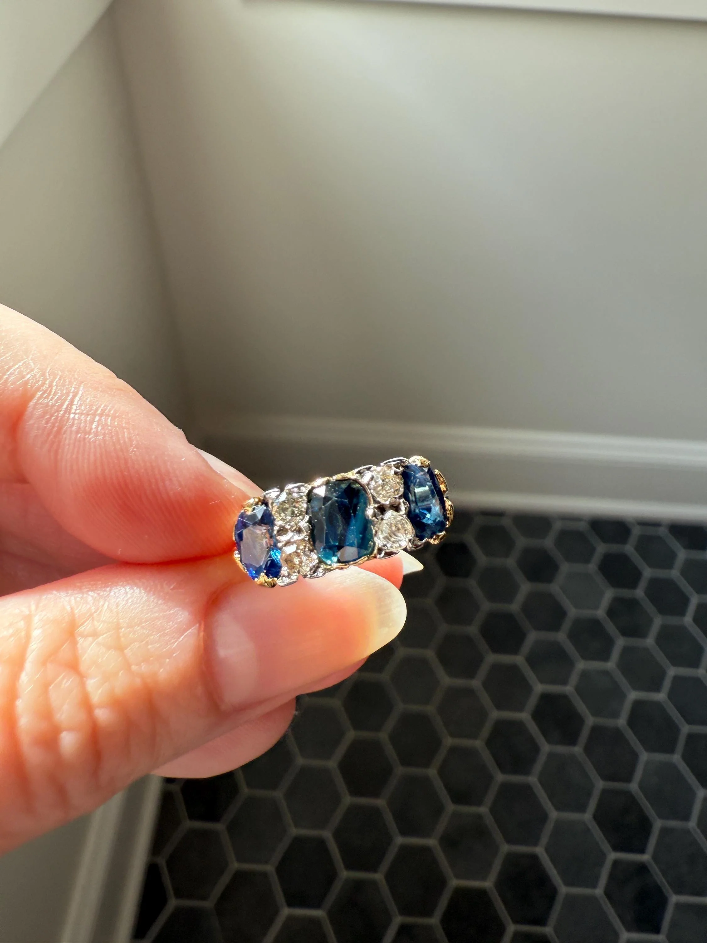 Antique Natural Sapphire Velvety Blue Three Stone Ring with Old Mine Cut Diamond Spacers Green Peacock Victorian Stacker Band - Image 10