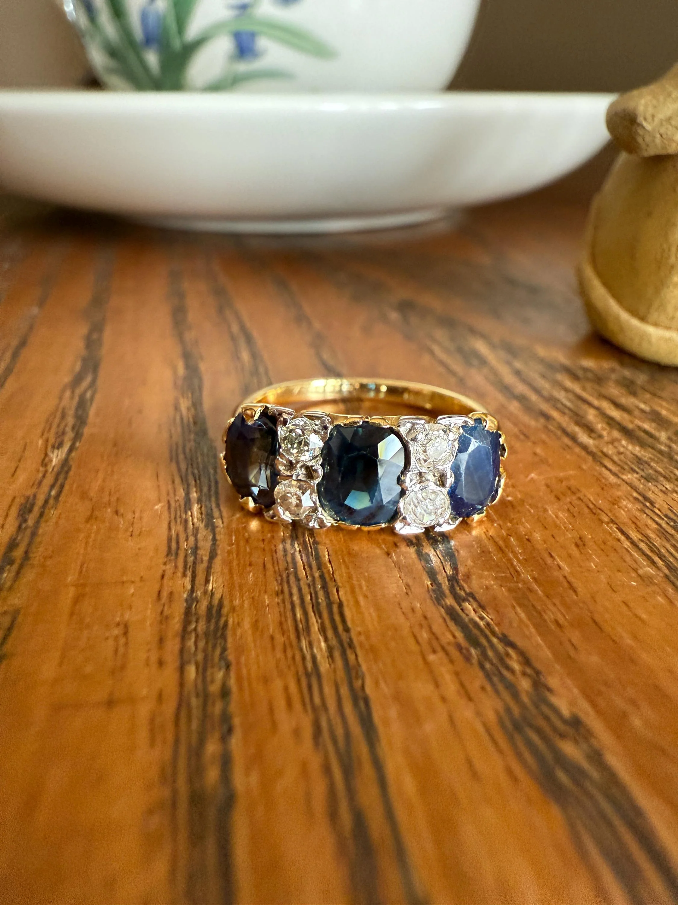 Antique Natural Sapphire Velvety Blue Three Stone Ring with Old Mine Cut Diamond Spacers Green Peacock Victorian Stacker Band - Image 11
