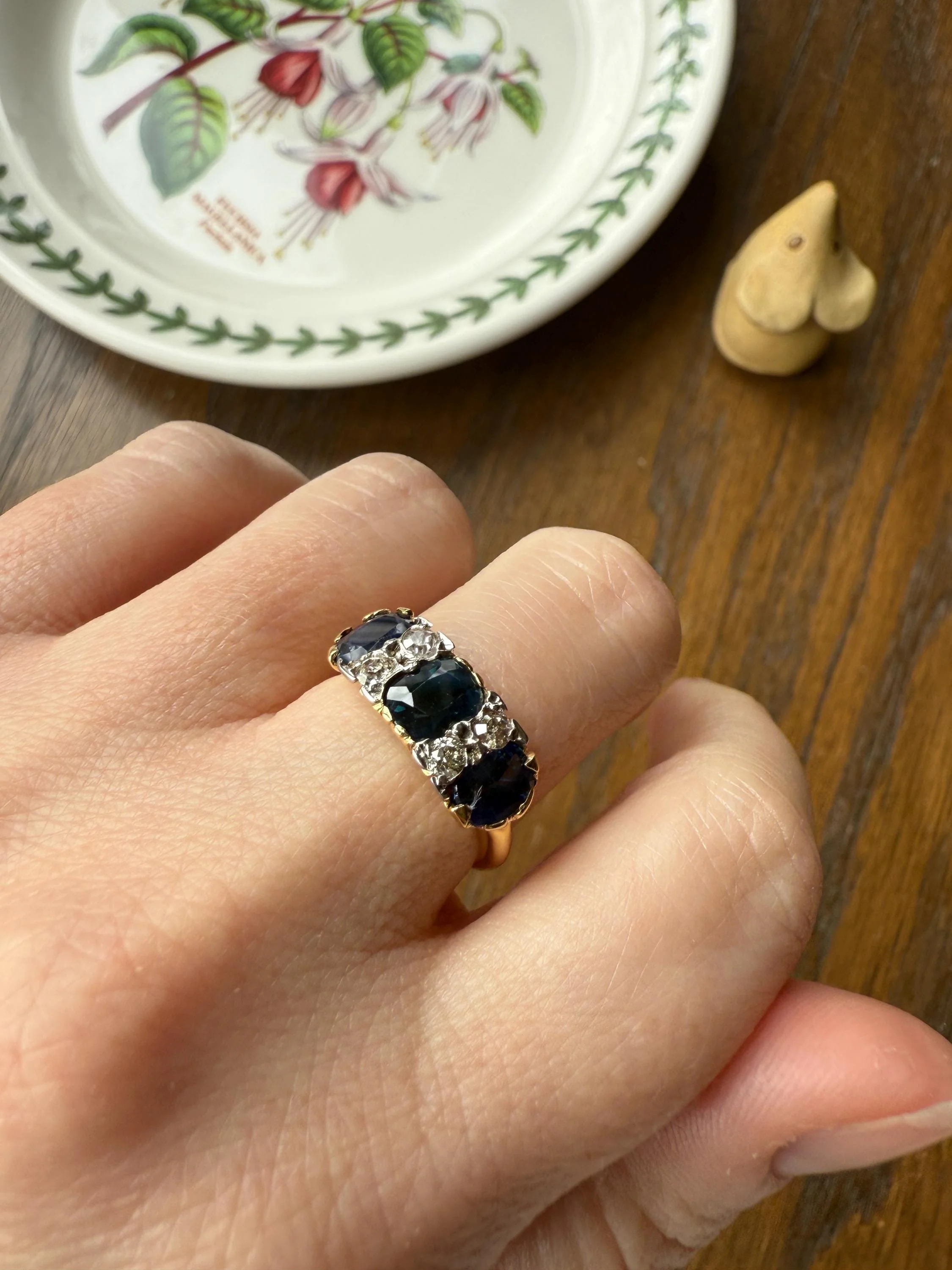 Antique Natural Sapphire Velvety Blue Three Stone Ring with Old Mine Cut Diamond Spacers Green Peacock Victorian Stacker Band - Image 13