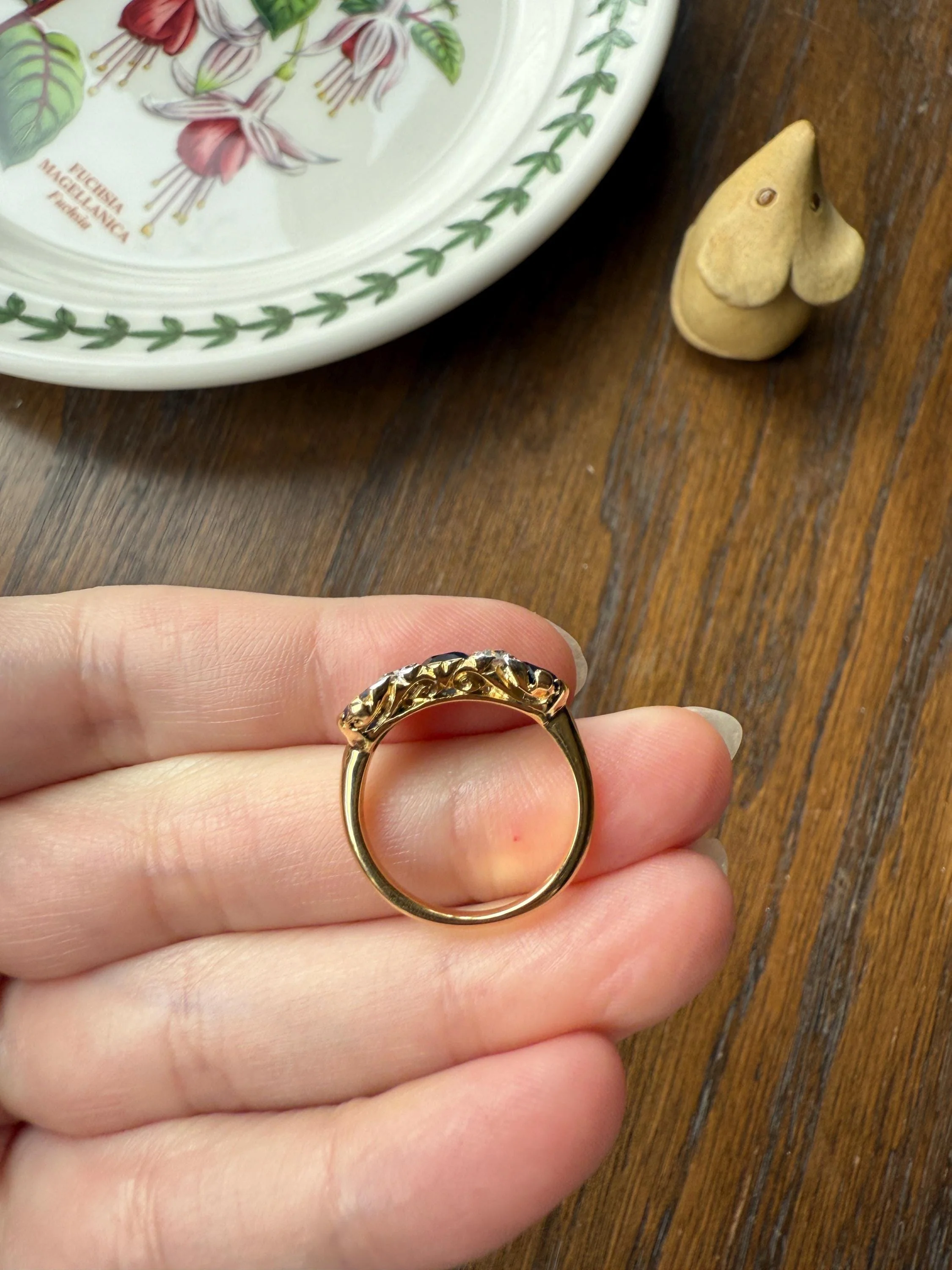 Antique Natural Sapphire Velvety Blue Three Stone Ring with Old Mine Cut Diamond Spacers Green Peacock Victorian Stacker Band - Image 14