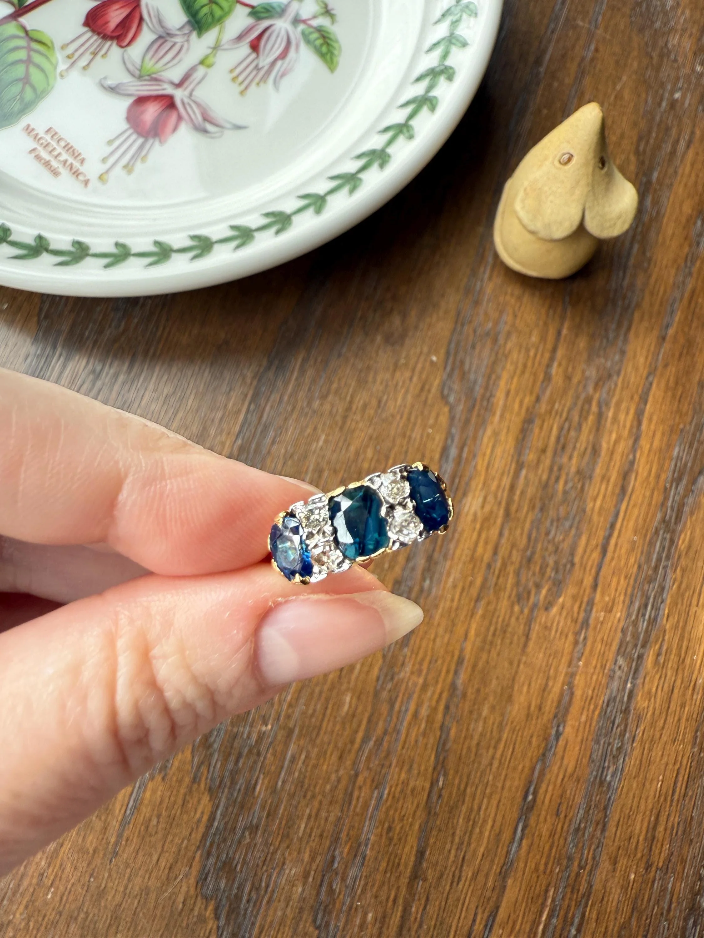 Antique Natural Sapphire Velvety Blue Three Stone Ring with Old Mine Cut Diamond Spacers Green Peacock Victorian Stacker Band - Image 17