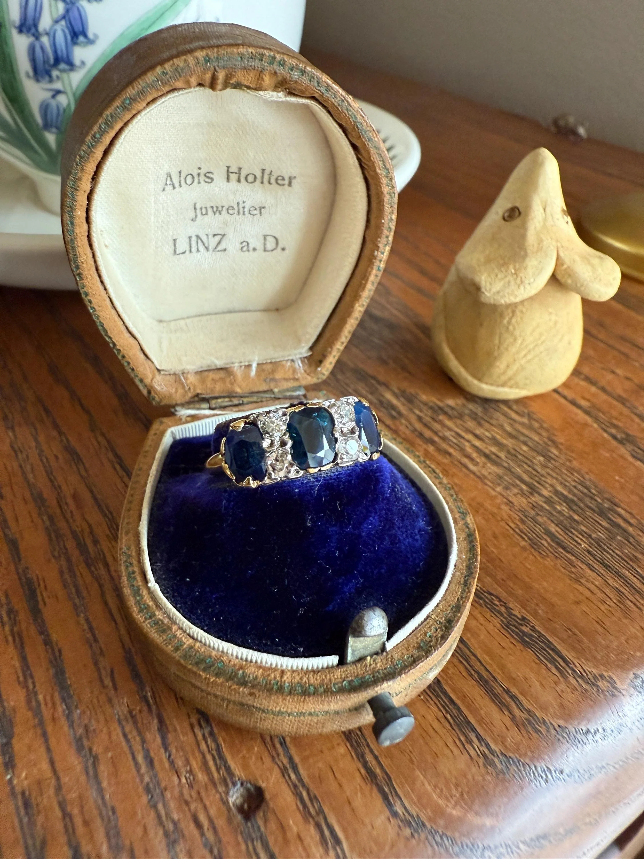 Antique Natural Sapphire Velvety Blue Three Stone Ring with Old Mine Cut Diamond Spacers Green Peacock Victorian Stacker Band - Image 18