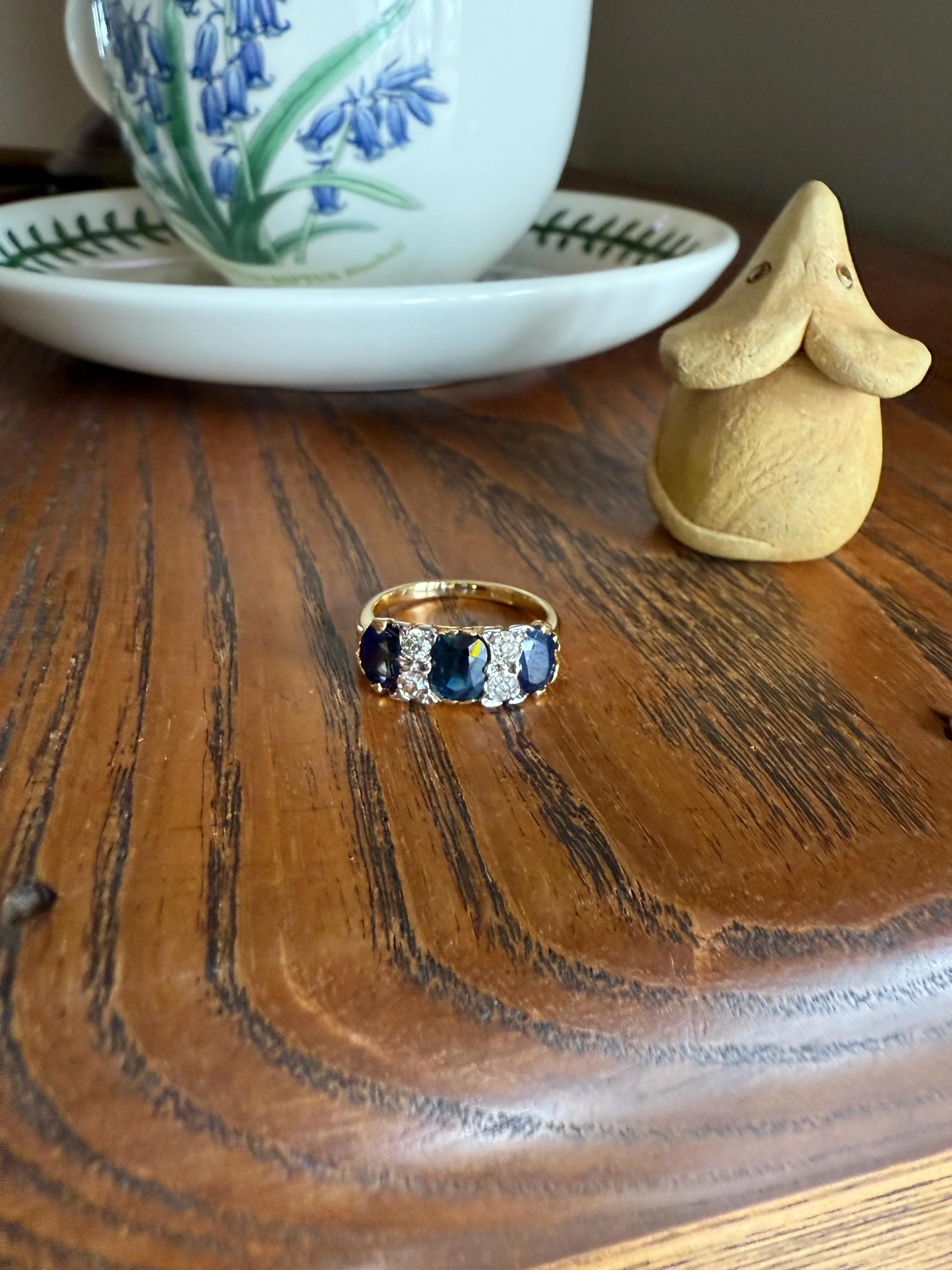 Antique Natural Sapphire Velvety Blue Three Stone Ring with Old Mine Cut Diamond Spacers Green Peacock Victorian Stacker Band - Image 19
