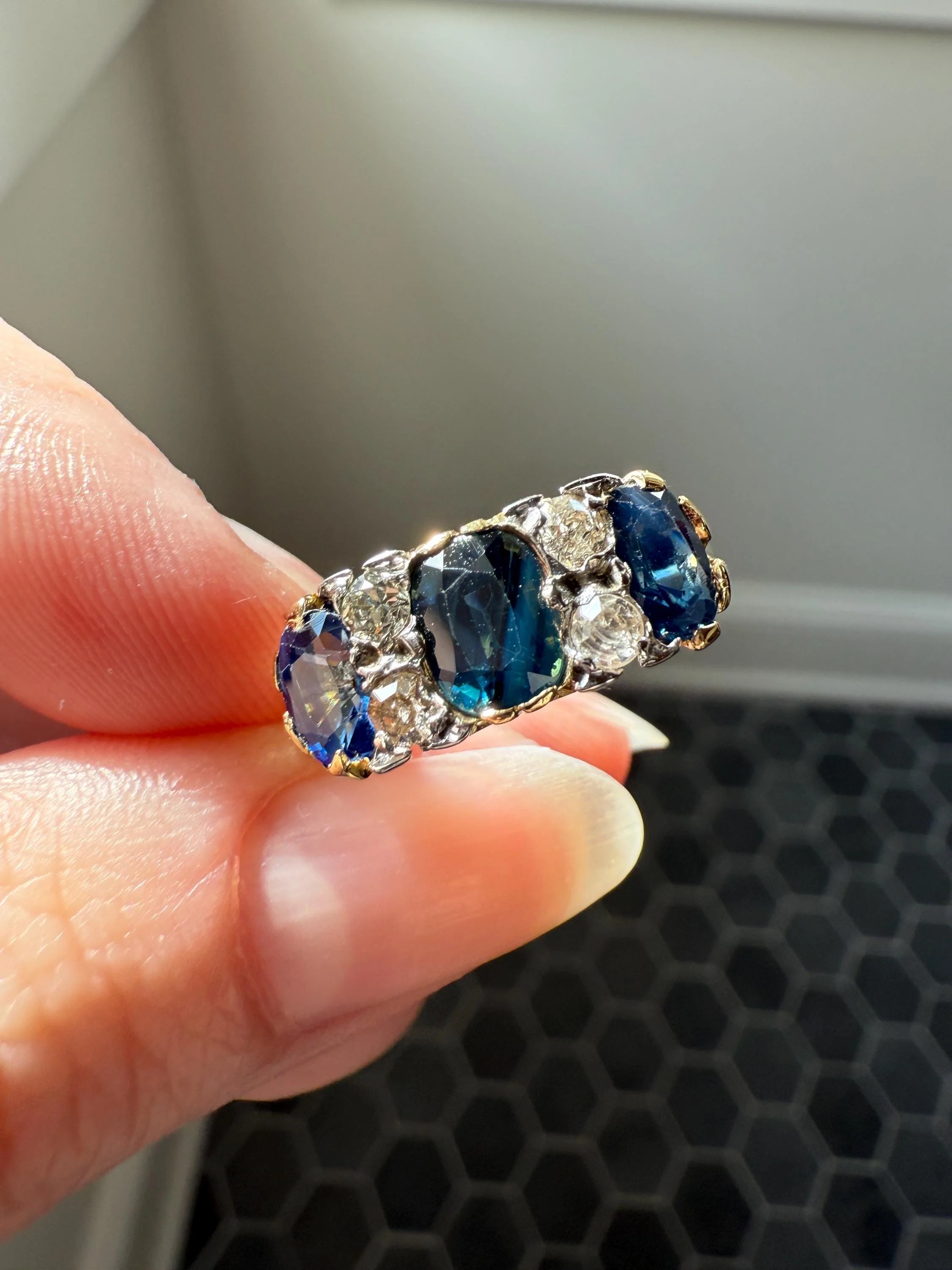 Antique Natural Sapphire Velvety Blue Three Stone Ring with Old Mine Cut Diamond Spacers Green Peacock Victorian Stacker Band - Image 2