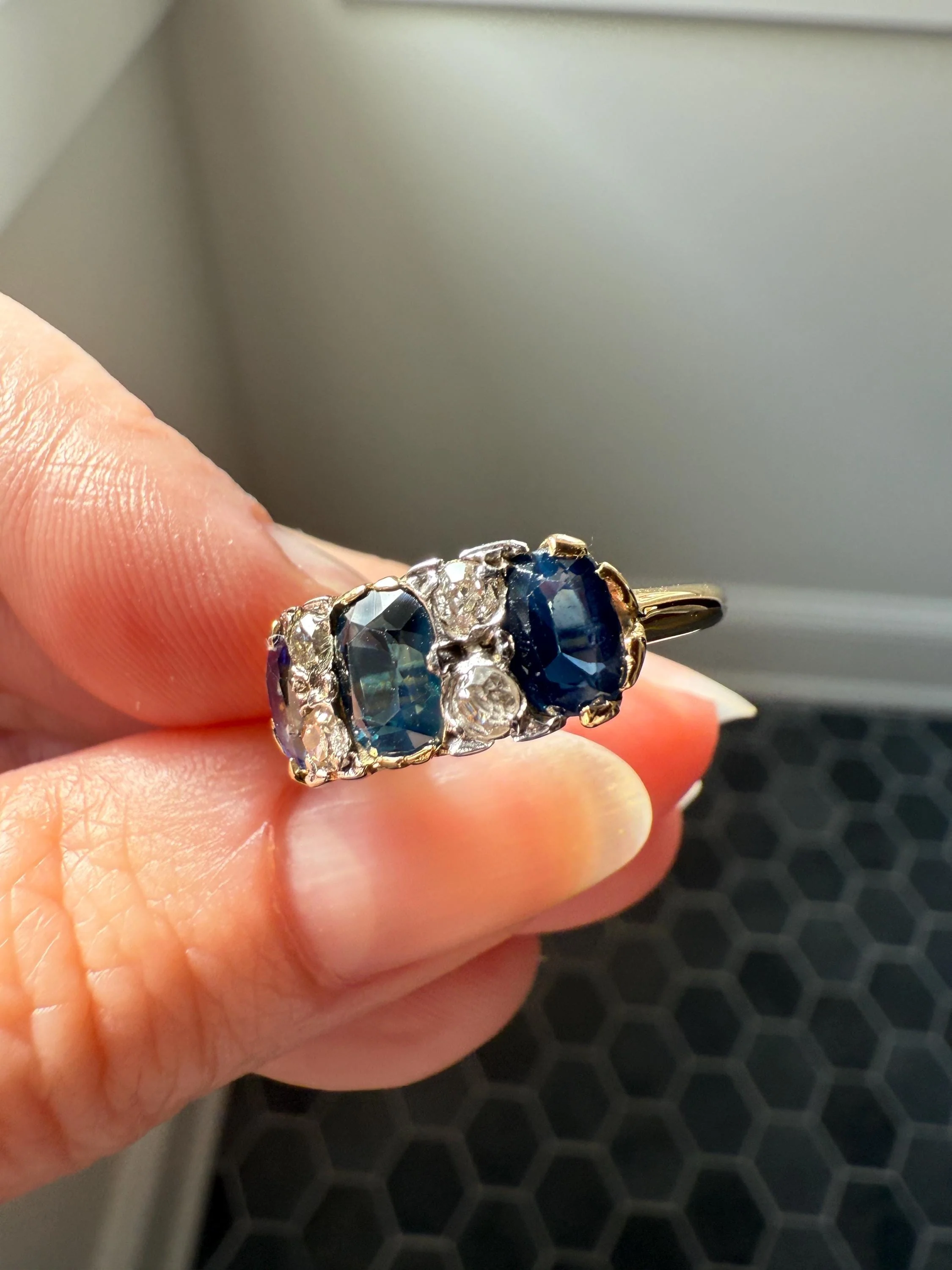 Antique Natural Sapphire Velvety Blue Three Stone Ring with Old Mine Cut Diamond Spacers Green Peacock Victorian Stacker Band - Image 20
