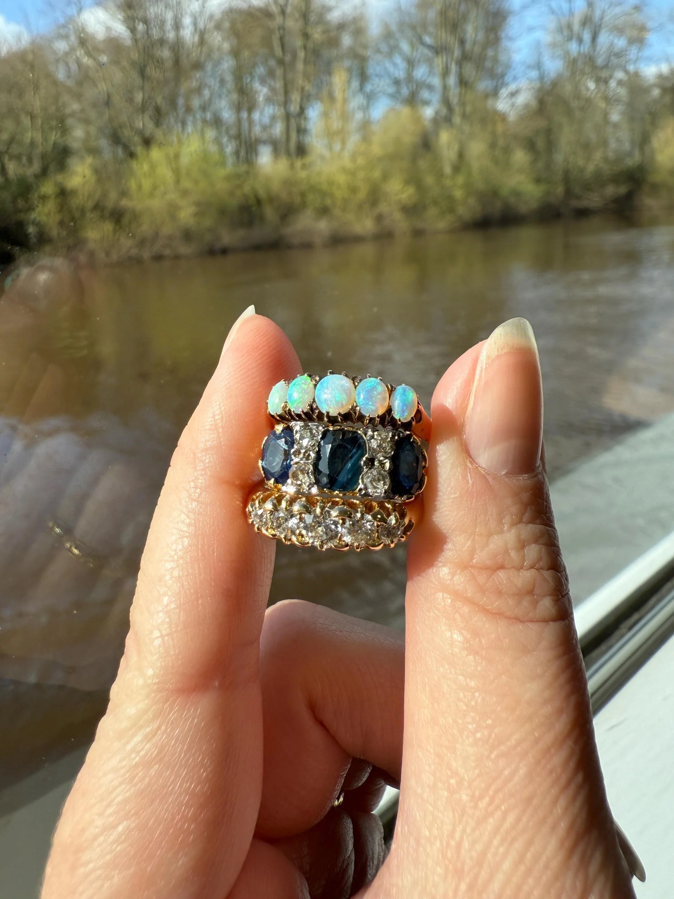 Antique Natural Sapphire Velvety Blue Three Stone Ring with Old Mine Cut Diamond Spacers Green Peacock Victorian Stacker Band - Image 5
