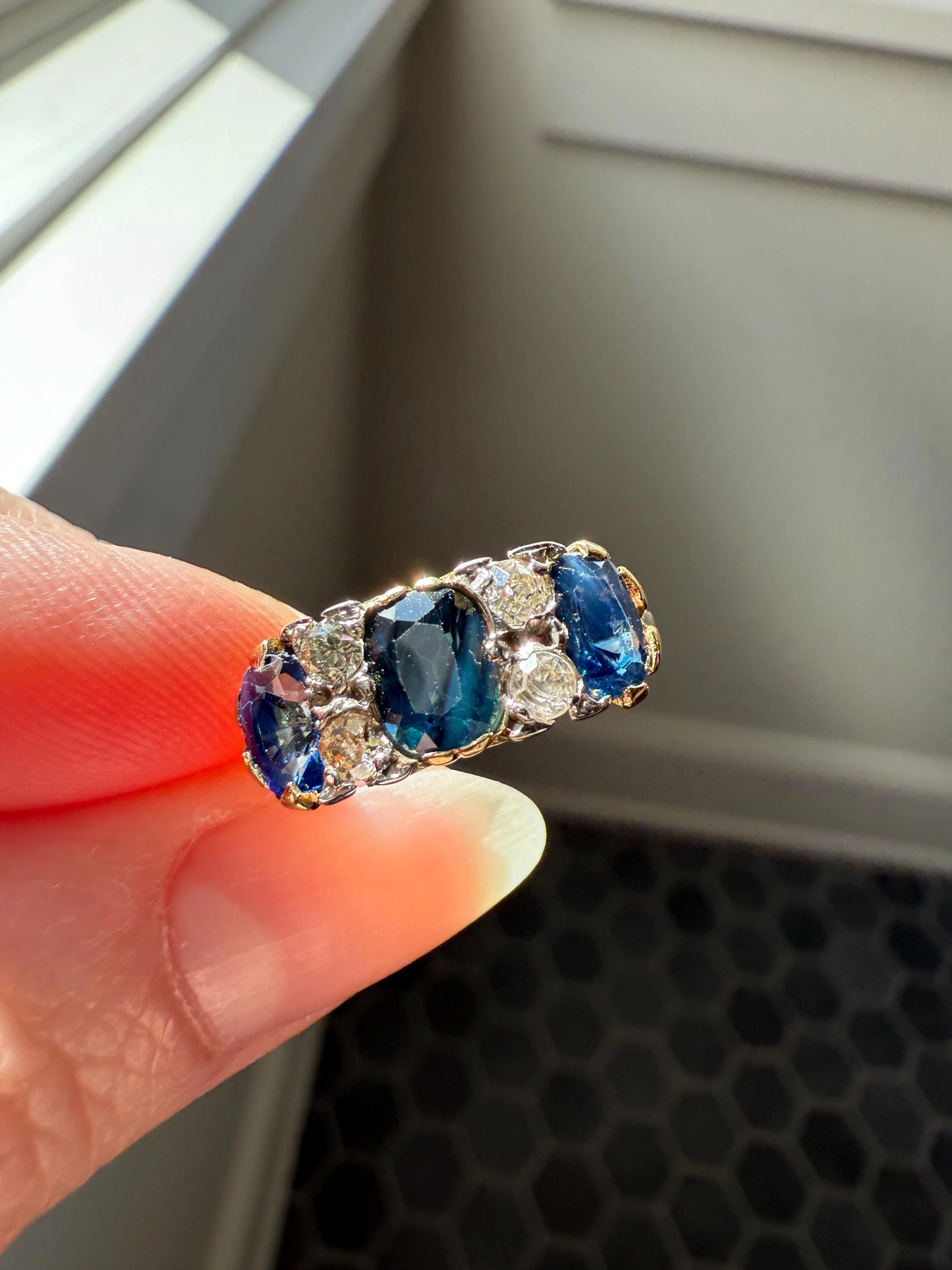 Antique Natural Sapphire Velvety Blue Three Stone Ring with Old Mine Cut Diamond Spacers Green Peacock Victorian Stacker Band - Image 6