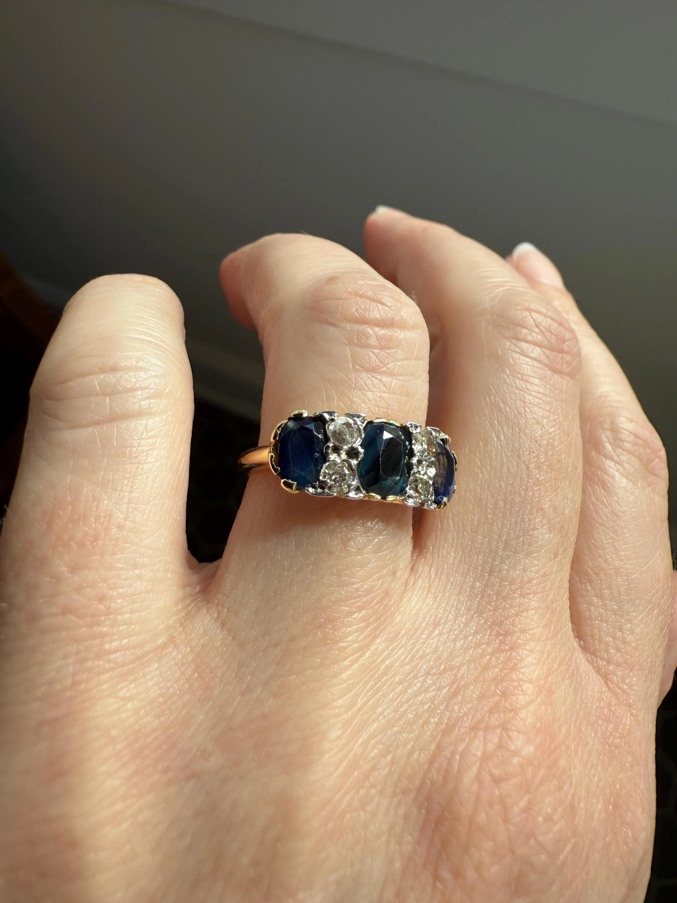 Antique Natural Sapphire Velvety Blue Three Stone Ring with Old Mine Cut Diamond Spacers Green Peacock Victorian Stacker Band - Image 7