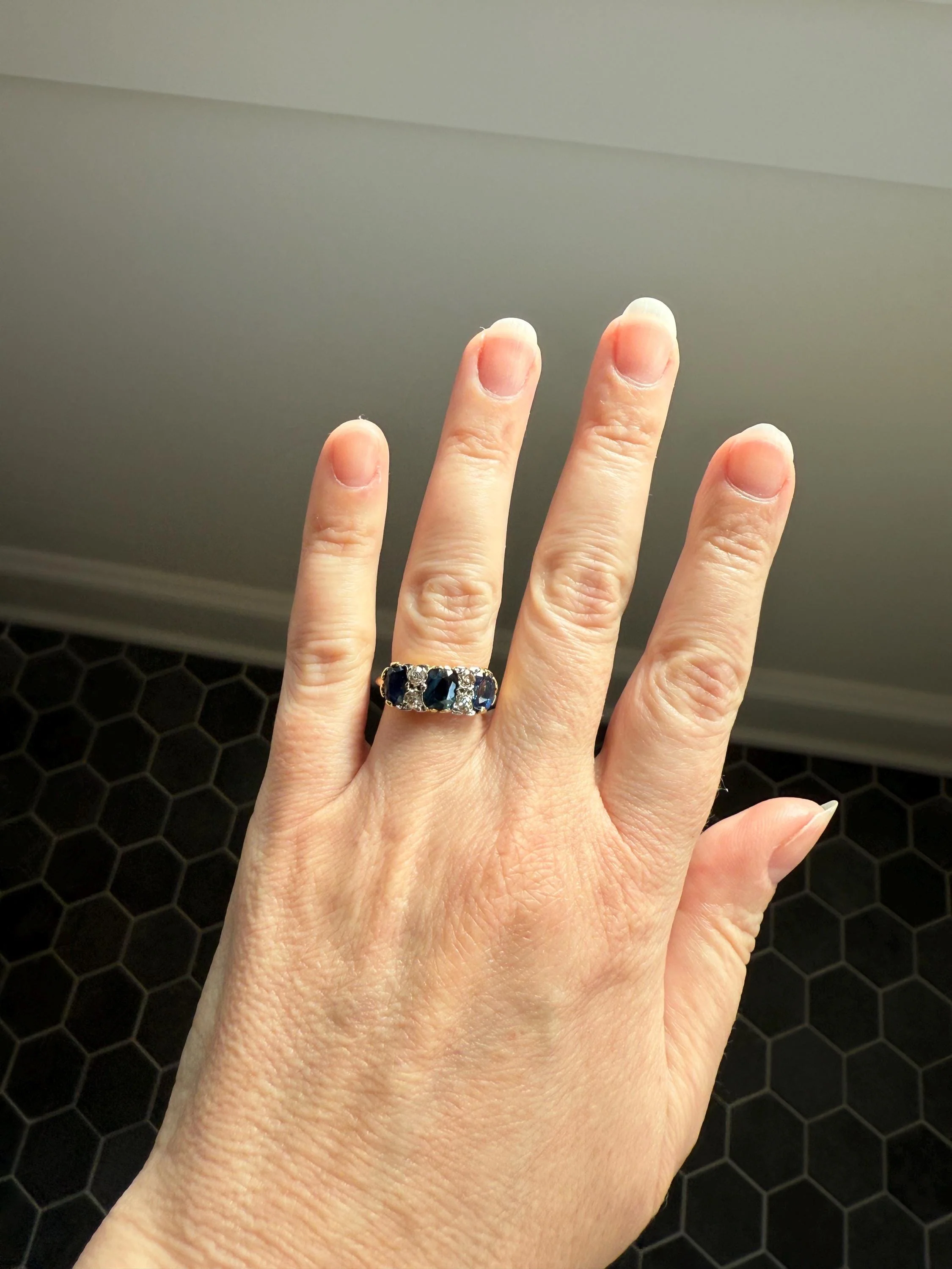 Antique Natural Sapphire Velvety Blue Three Stone Ring with Old Mine Cut Diamond Spacers Green Peacock Victorian Stacker Band - Image 8