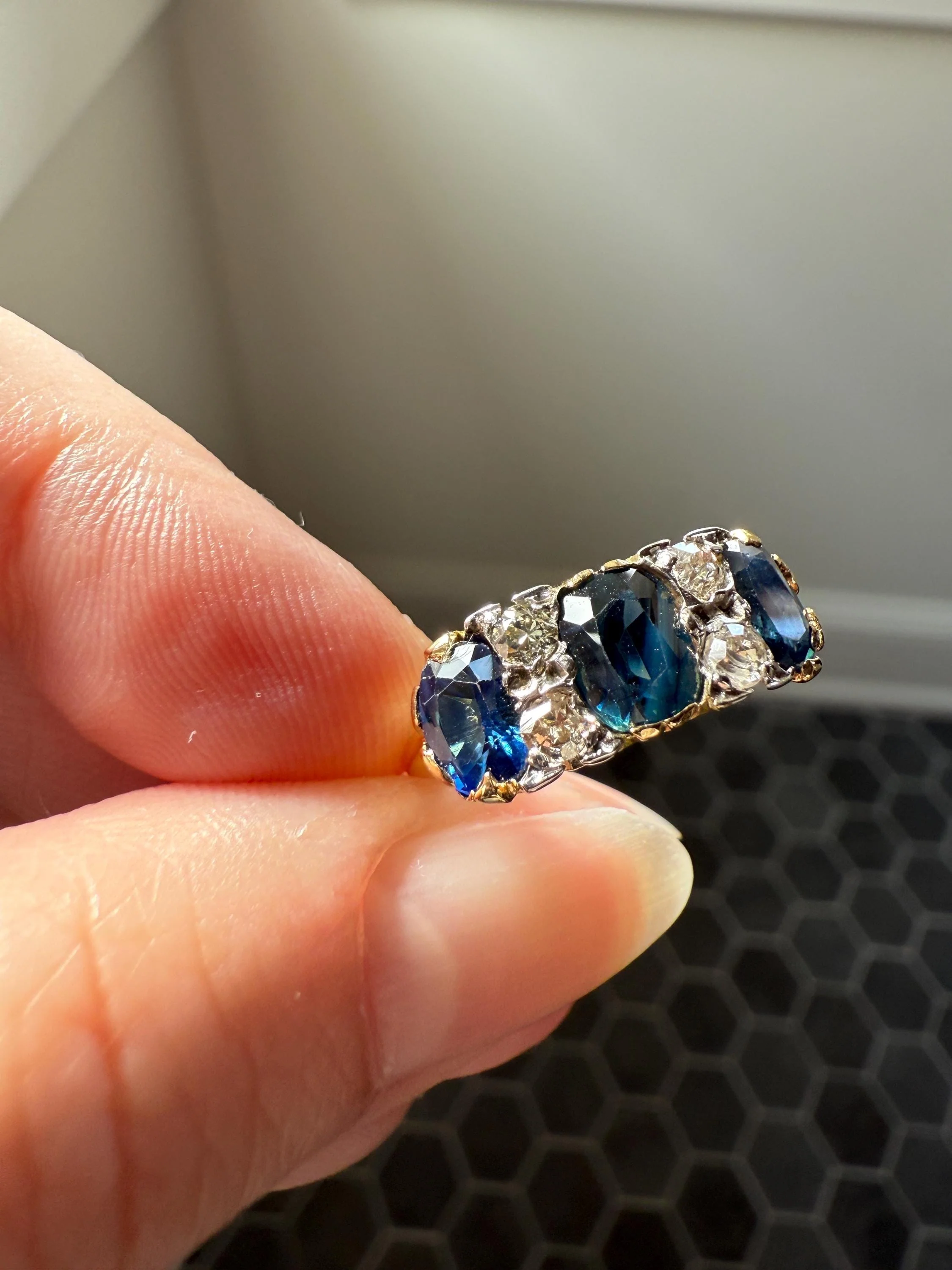 Antique Natural Sapphire Velvety Blue Three Stone Ring with Old Mine Cut Diamond Spacers Green Peacock Victorian Stacker Band - Image 9