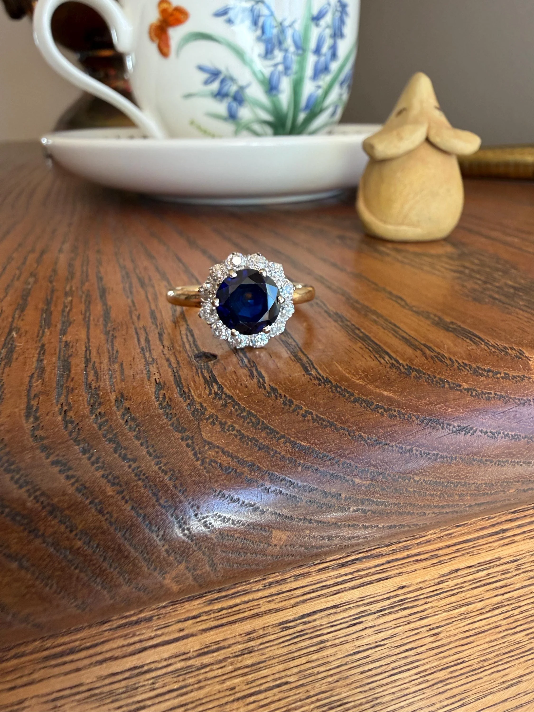 Antique Natural Sapphire with .8 Carat Old Mine Cut Diamond Halo Ring Cluster with Donut Shank Stacker Band 18k Gold Hexagon Silk - Image 14