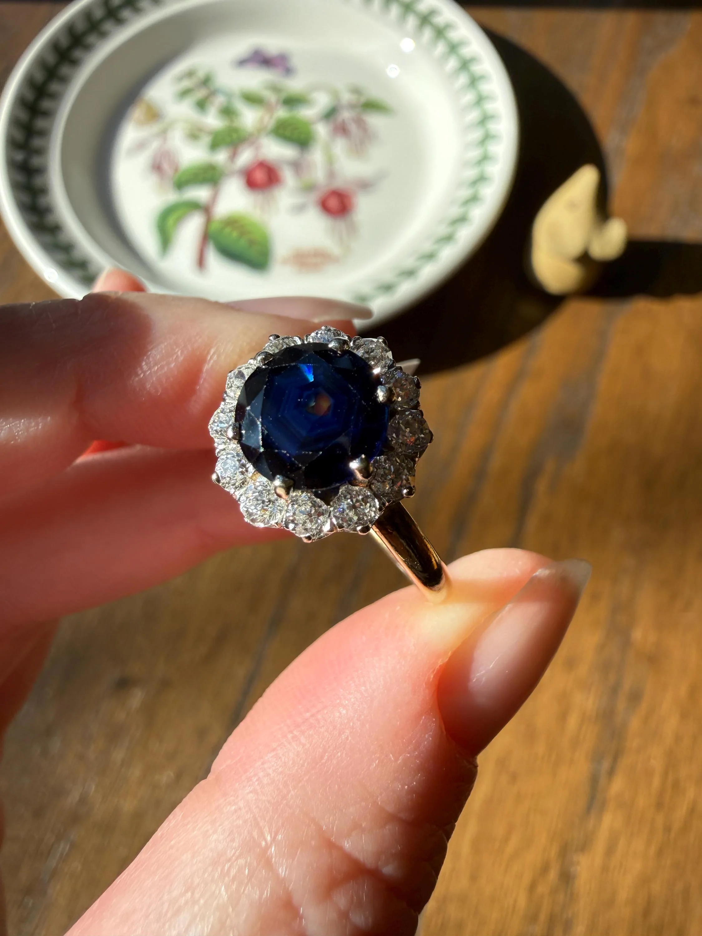 Antique Natural Sapphire with .8 Carat Old Mine Cut Diamond Halo Ring Cluster with Donut Shank Stacker Band 18k Gold Hexagon Silk - Image 2