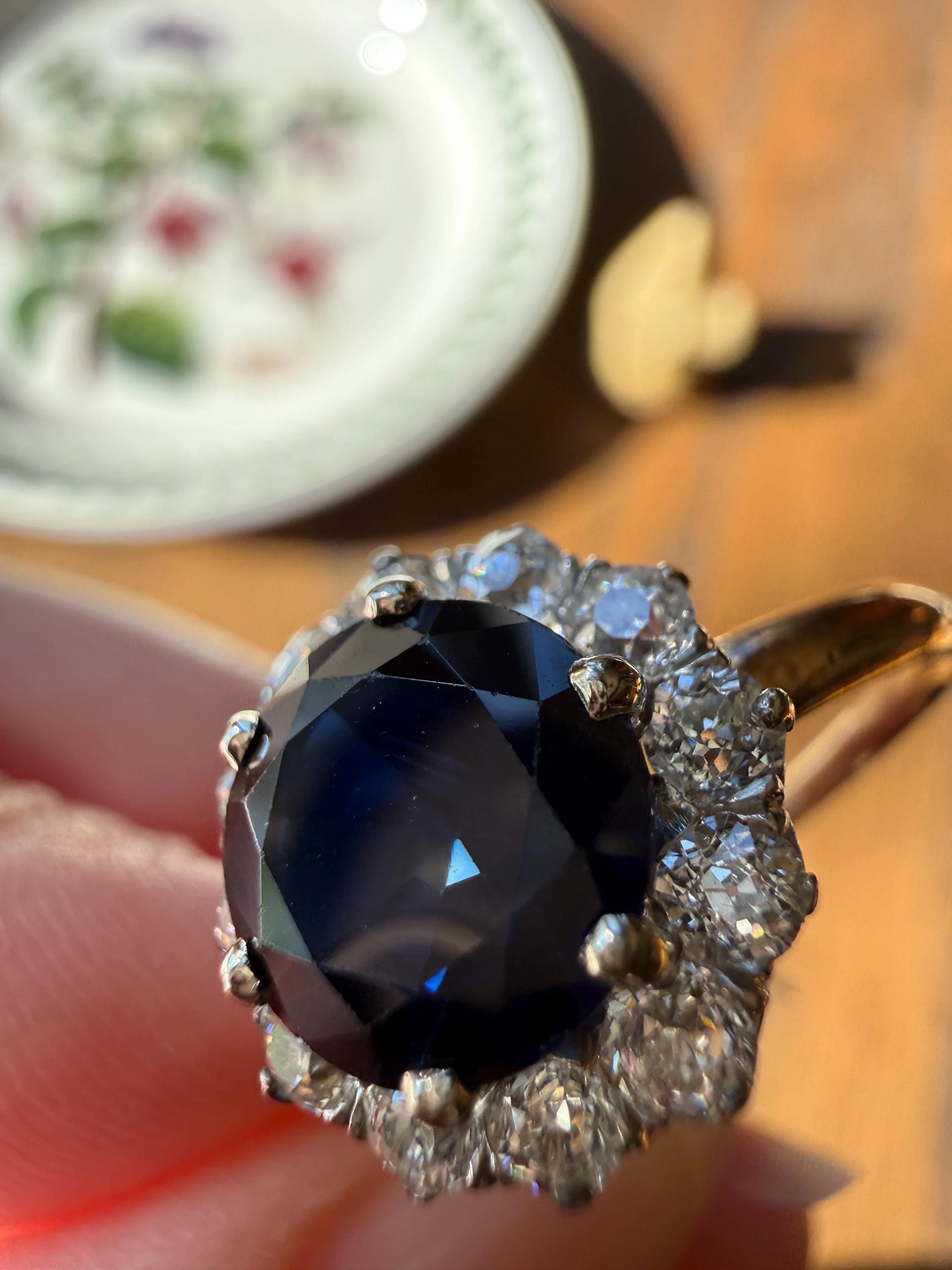 Antique Natural Sapphire with .8 Carat Old Mine Cut Diamond Halo Ring Cluster with Donut Shank Stacker Band 18k Gold Hexagon Silk - Image 6