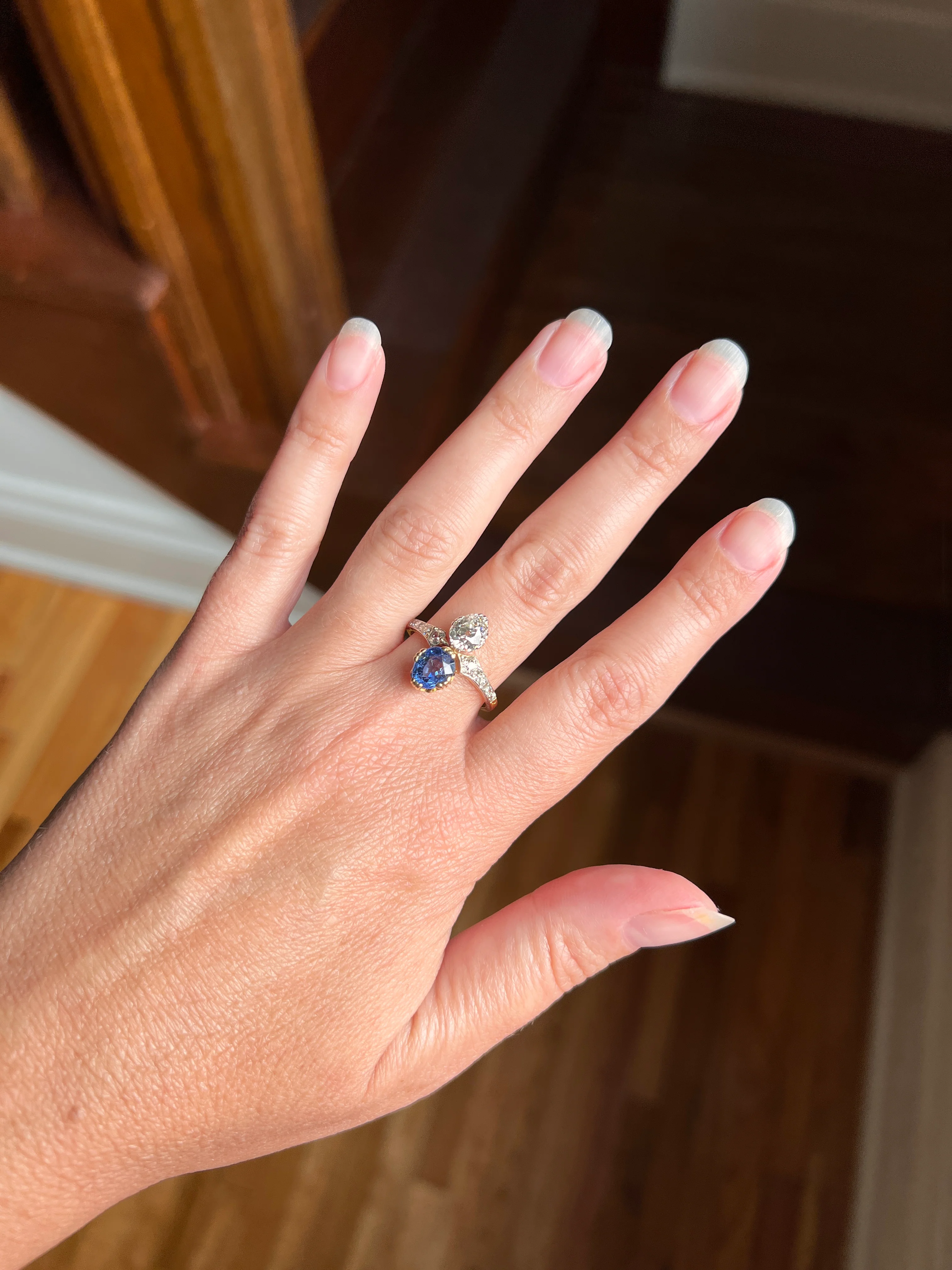 Antique No Heat PEAR Natural Ceylon SAPPHIRE Old Mine Cut DIAMOND Toi et Moi Ring 1 Carat Tdw French 18k Gold Platinum Ring - Image 11