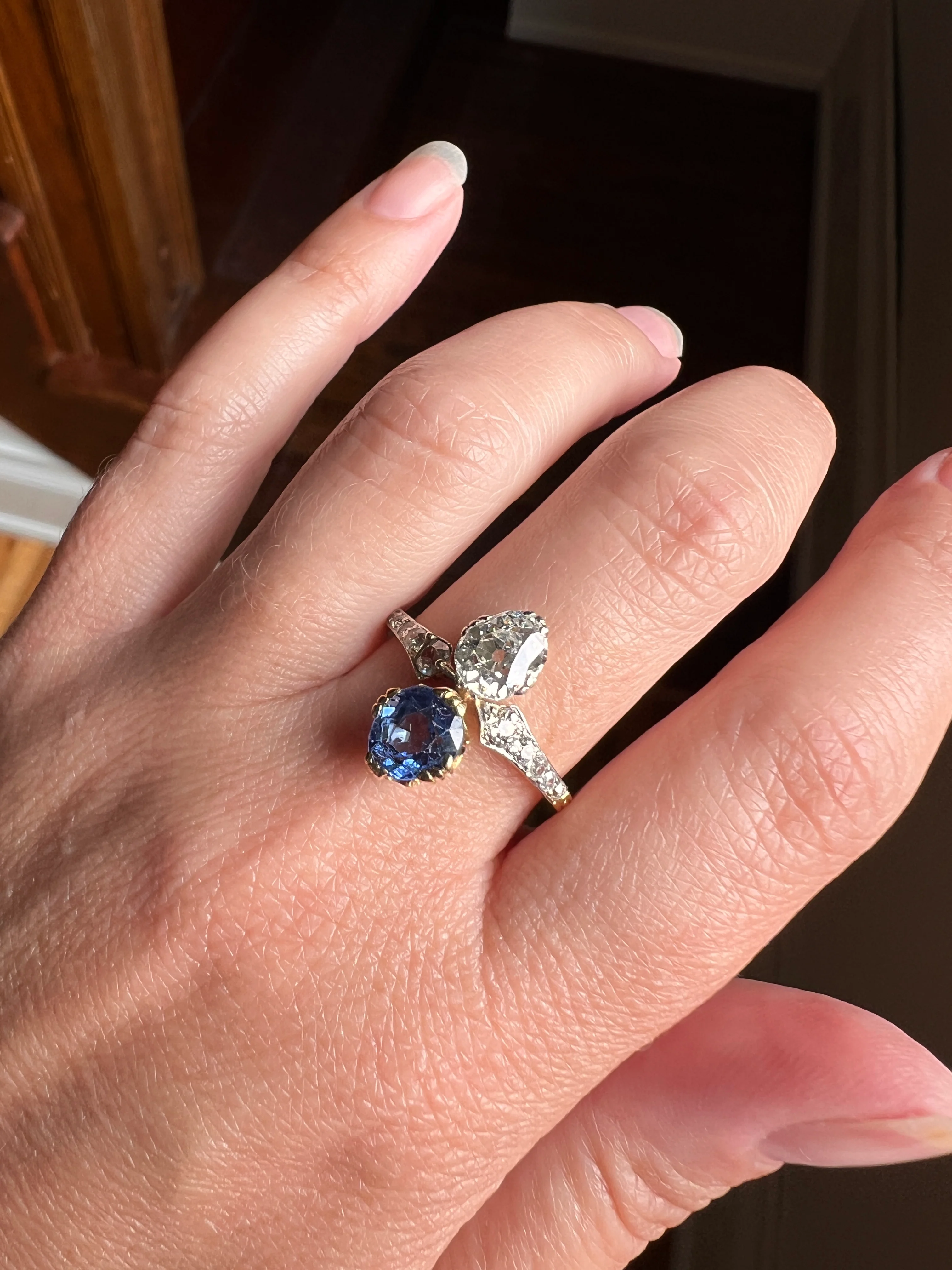 Antique No Heat PEAR Natural Ceylon SAPPHIRE Old Mine Cut DIAMOND Toi et Moi Ring 1 Carat Tdw French 18k Gold Platinum Ring - Image 12