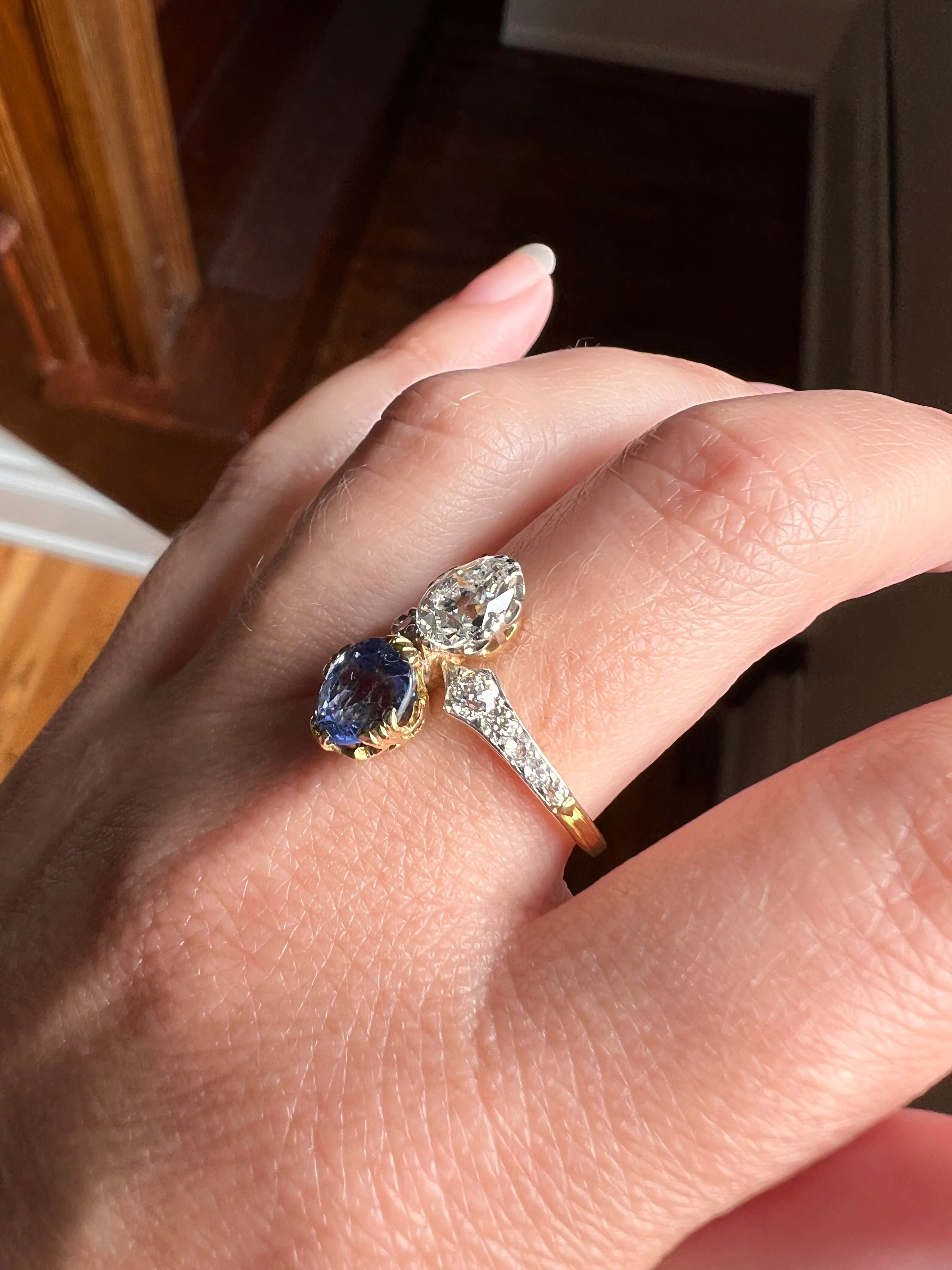 Antique No Heat PEAR Natural Ceylon SAPPHIRE Old Mine Cut DIAMOND Toi et Moi Ring 1 Carat Tdw French 18k Gold Platinum Ring - Image 13