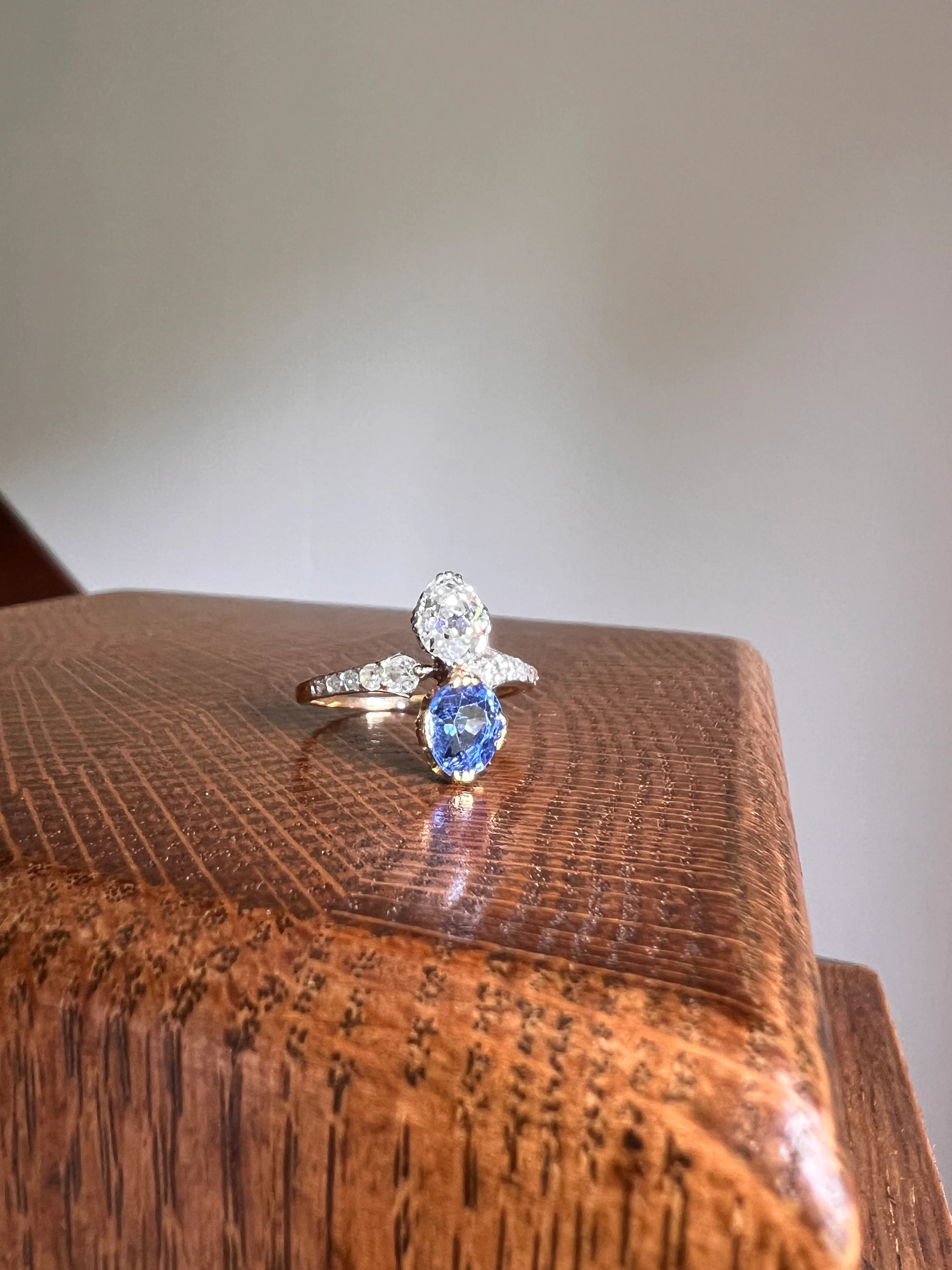 Antique No Heat PEAR Natural Ceylon SAPPHIRE Old Mine Cut DIAMOND Toi et Moi Ring 1 Carat Tdw French 18k Gold Platinum Ring - Image 14