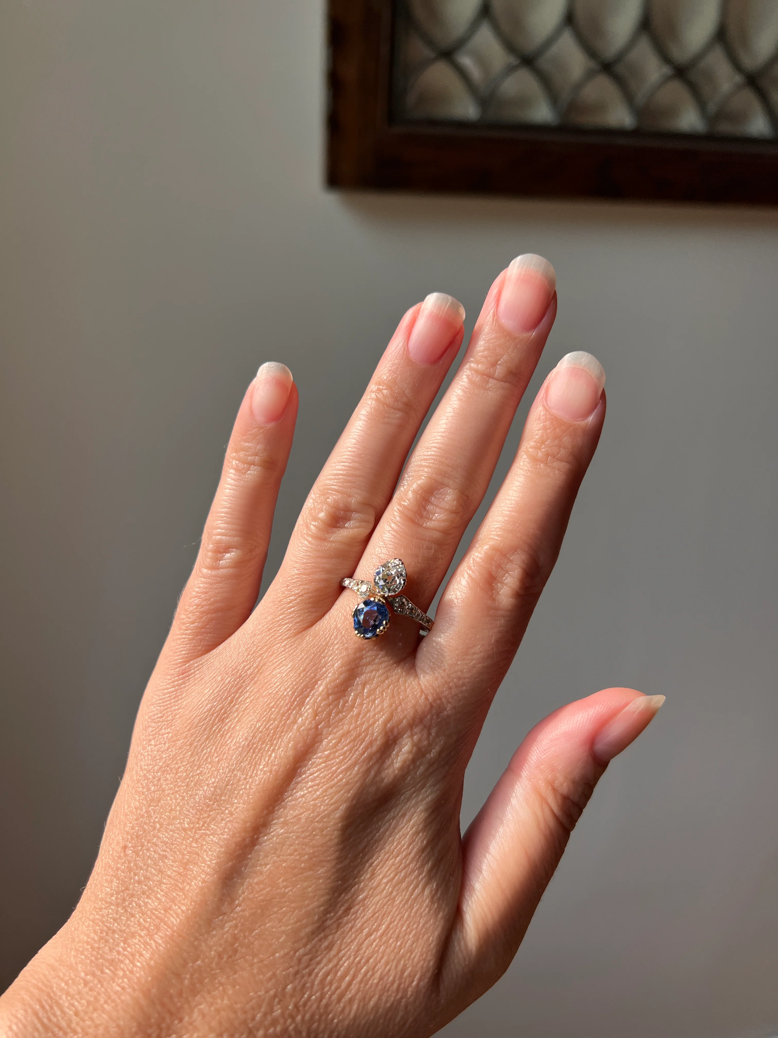 Antique No Heat PEAR Natural Ceylon SAPPHIRE Old Mine Cut DIAMOND Toi et Moi Ring 1 Carat Tdw French 18k Gold Platinum Ring - Image 15