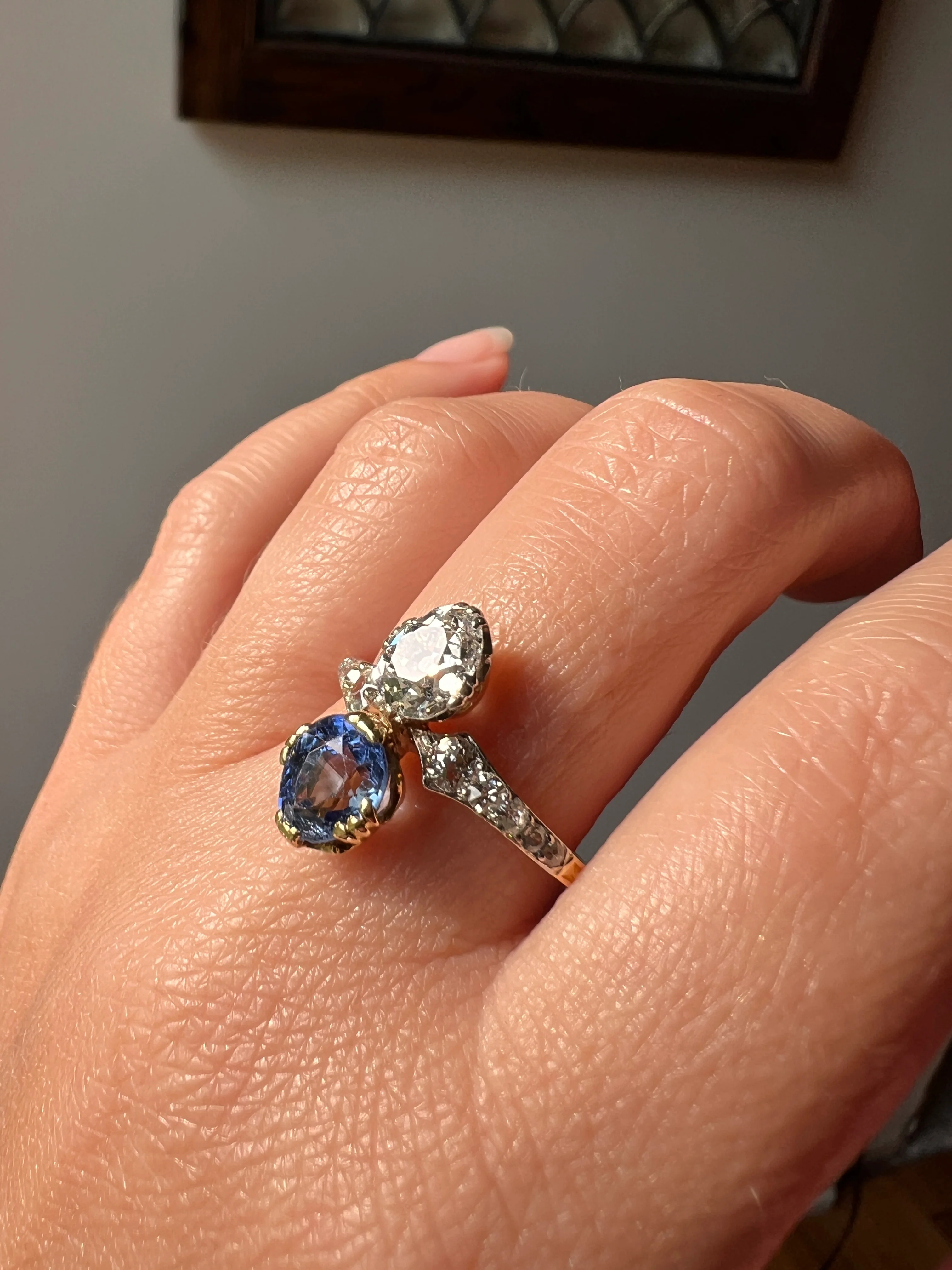 Antique No Heat PEAR Natural Ceylon SAPPHIRE Old Mine Cut DIAMOND Toi et Moi Ring 1 Carat Tdw French 18k Gold Platinum Ring - Image 16