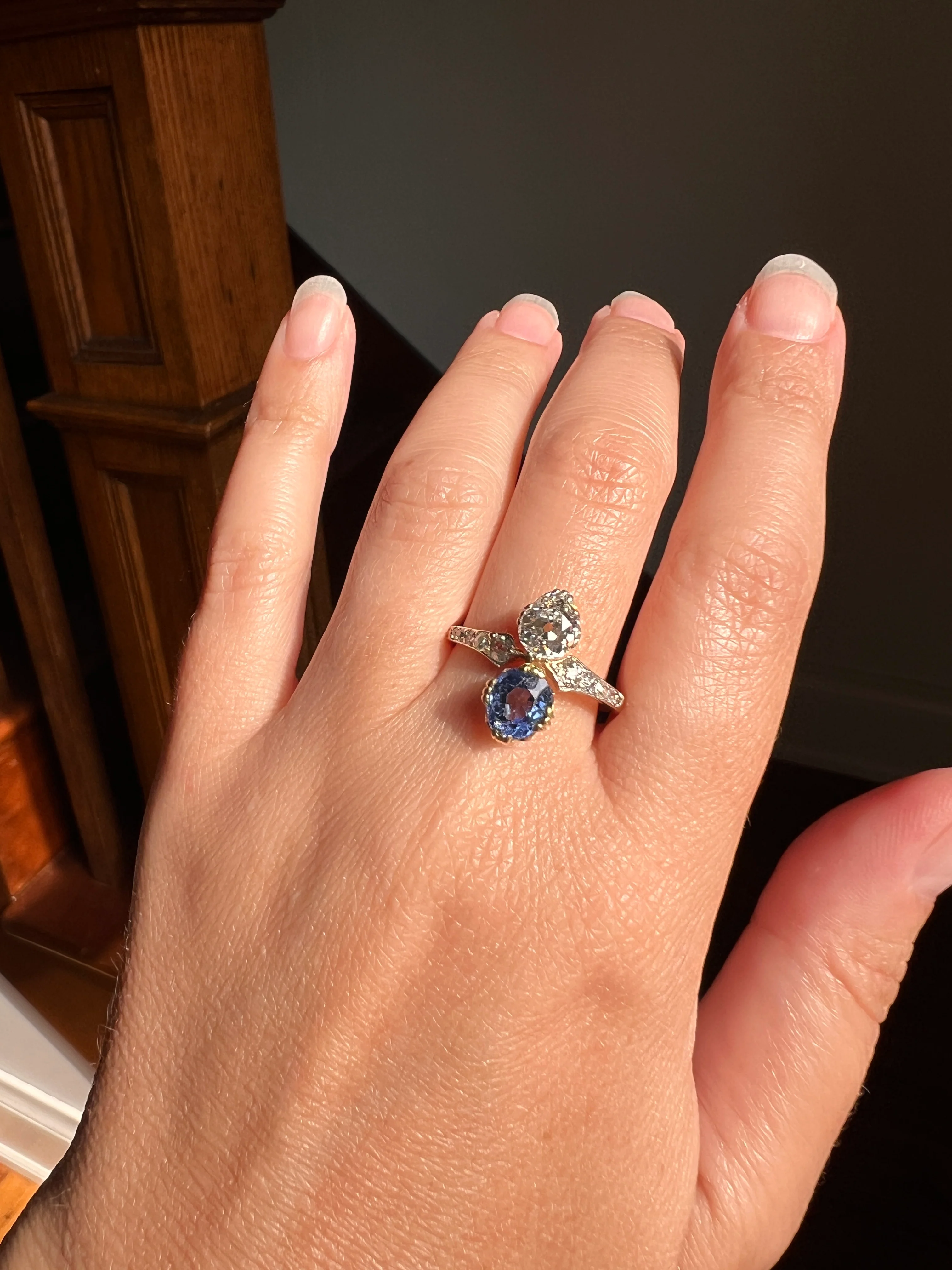 Antique No Heat PEAR Natural Ceylon SAPPHIRE Old Mine Cut DIAMOND Toi et Moi Ring 1 Carat Tdw French 18k Gold Platinum Ring - Image 17