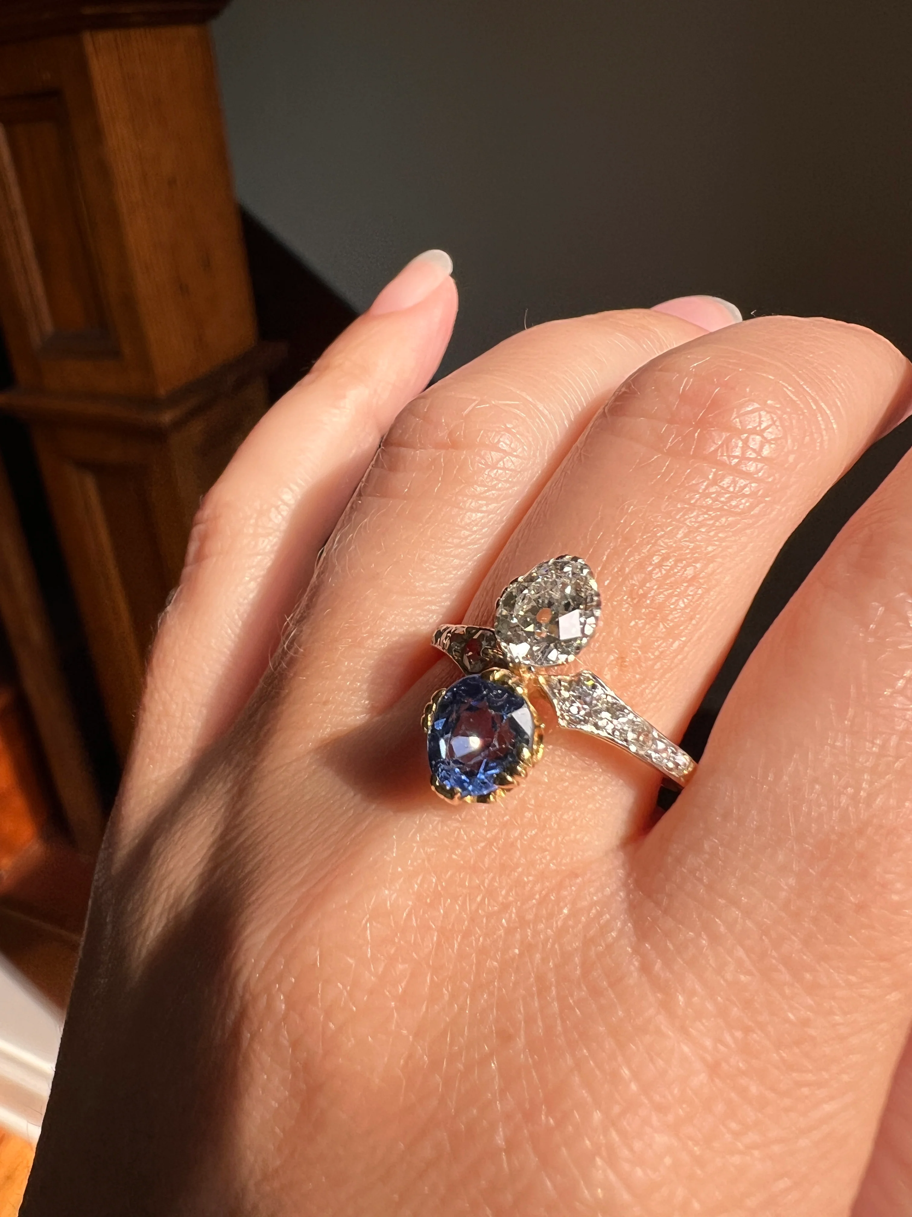 Antique No Heat PEAR Natural Ceylon SAPPHIRE Old Mine Cut DIAMOND Toi et Moi Ring 1 Carat Tdw French 18k Gold Platinum Ring - Image 18