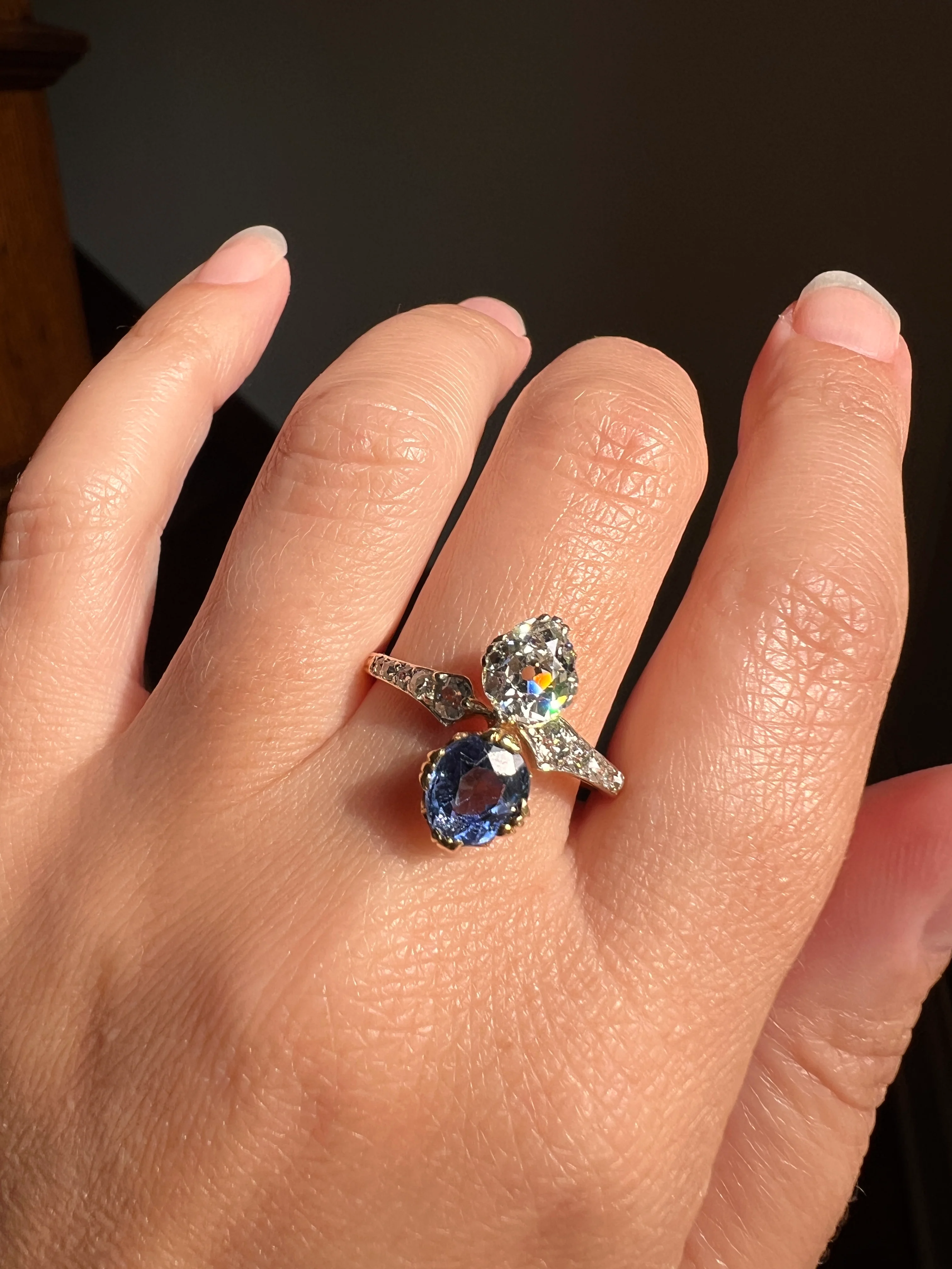 Antique No Heat PEAR Natural Ceylon SAPPHIRE Old Mine Cut DIAMOND Toi et Moi Ring 1 Carat Tdw French 18k Gold Platinum Ring - Image 19