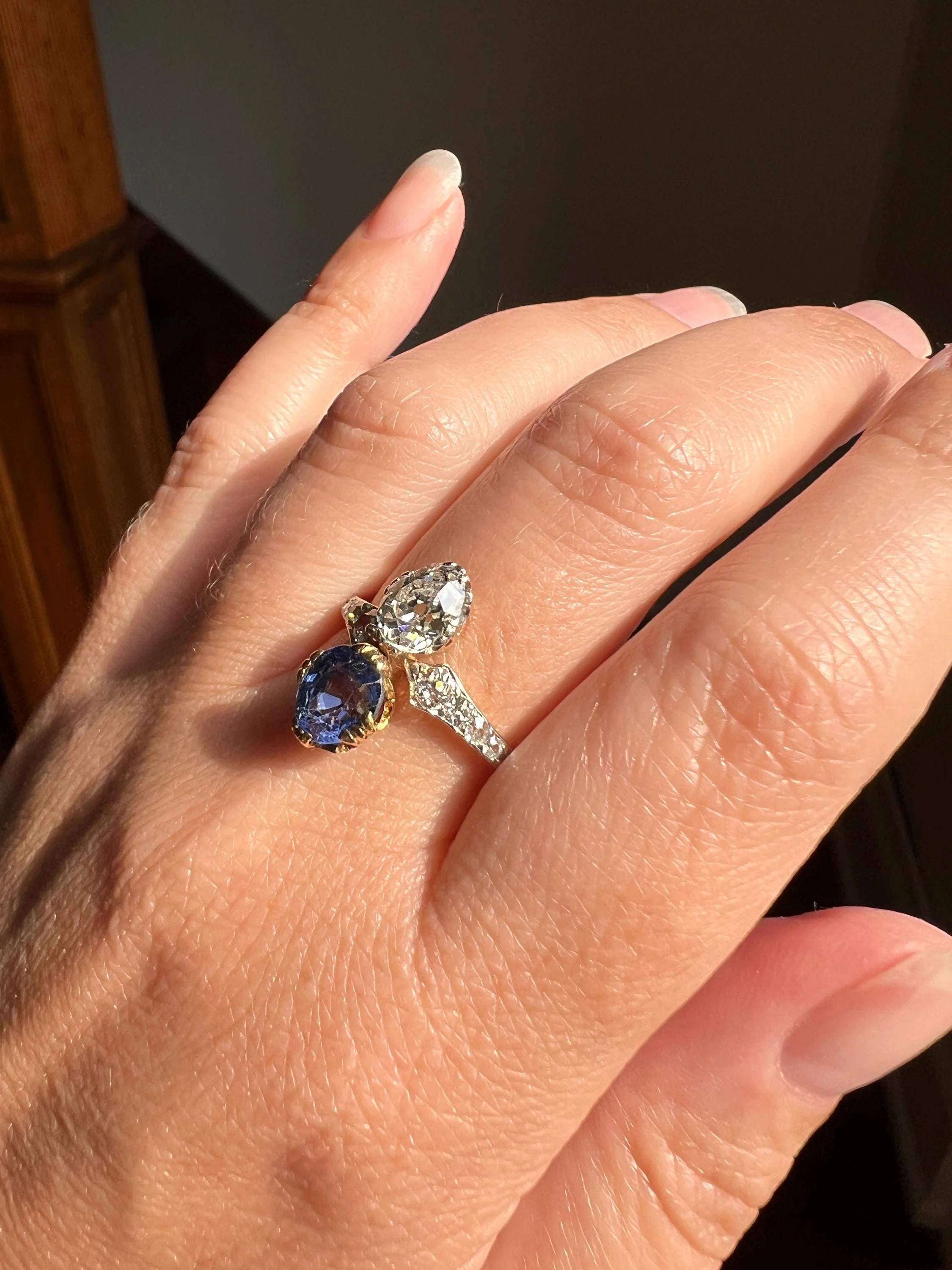 Antique No Heat PEAR Natural Ceylon SAPPHIRE Old Mine Cut DIAMOND Toi et Moi Ring 1 Carat Tdw French 18k Gold Platinum Ring - Image 2